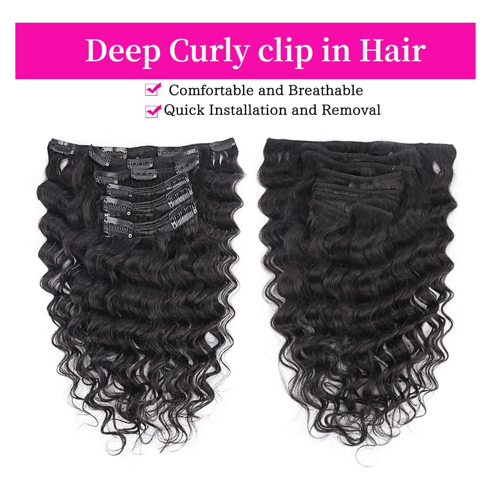 20 Inch Deep Wave Clip in Hair Extensions Real Human Hair for Black Women Full Head 8A Brazilian Real Hair Yaki Human Hair Clip ins Natural Color 6 pcs 16 clips - Image 2