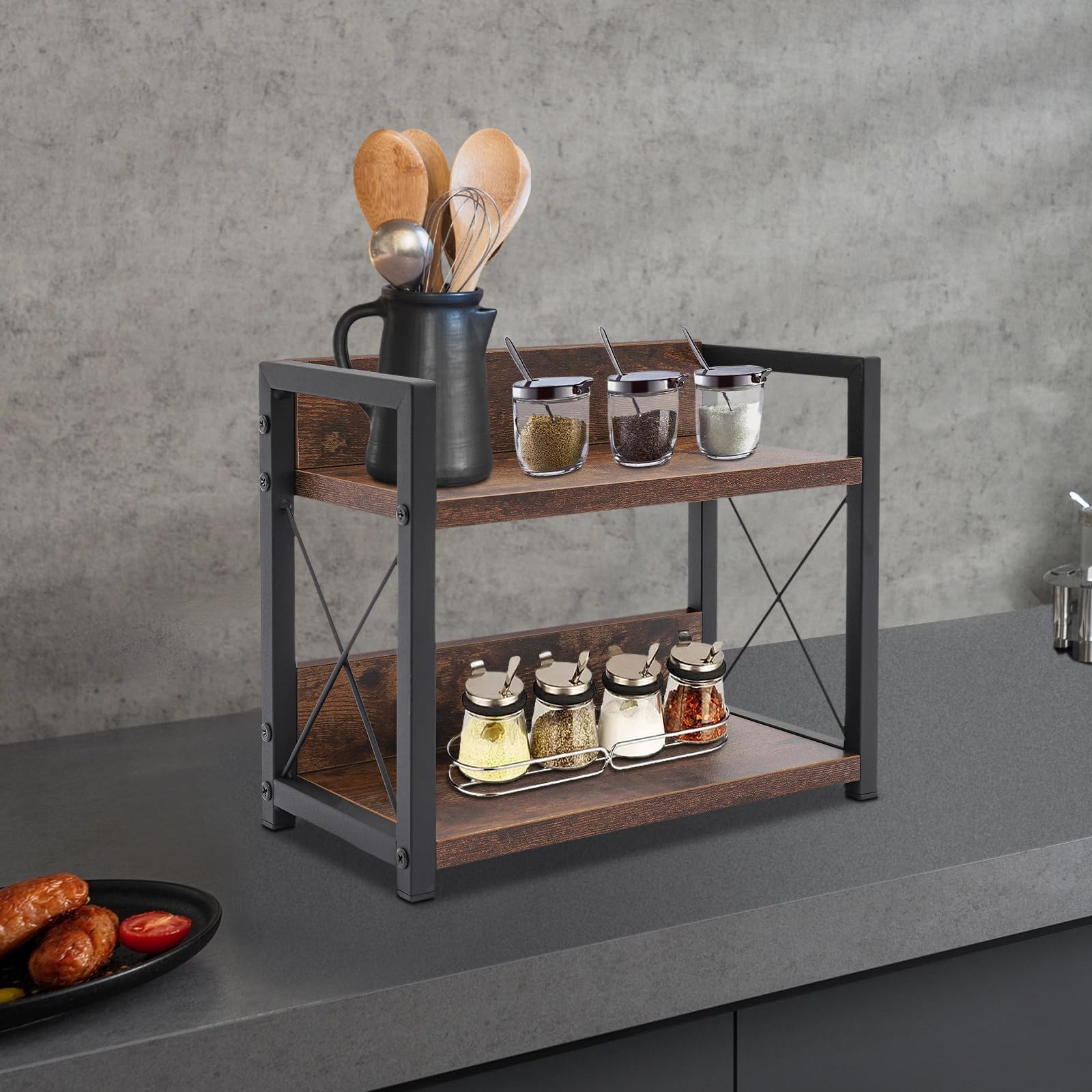 Gewürzregal, Küchenregal Stehend aus MDF und Eisen, 2 Etagen Gewürzständer für Arbeitsplatte, Stabiler Küchen Organizer mit 30kg Belastbarkeit, Rutschfest, Braun, 30x15,75x26,42cm