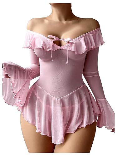 OYOANGLE Women's 2 Piece Off Shoulder Long Sleeve Ruffle Mesh Sheer Nightgowns with Thongs Babydoll Lingerie Set - Pink