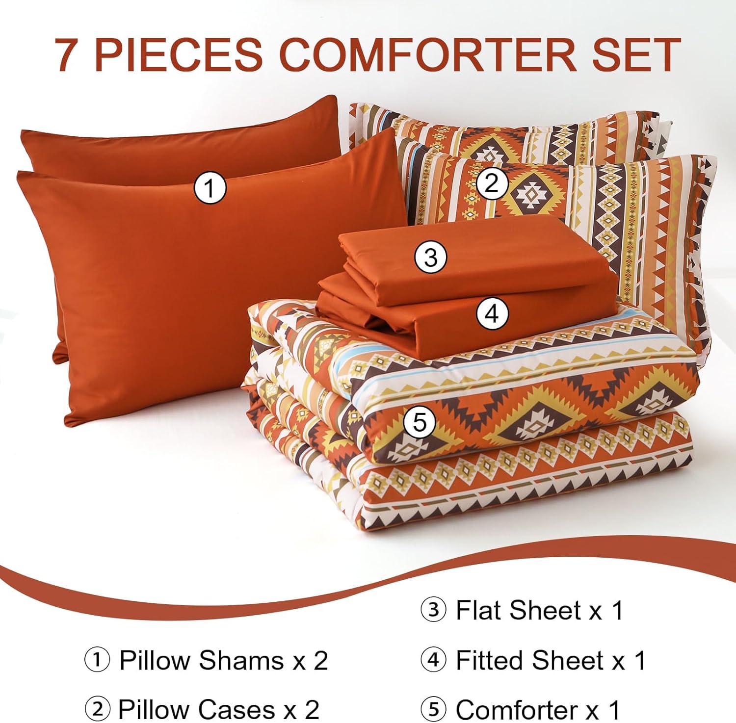 Dinjoy California King Comforter Set Size, Burnt Orange Striped Cali King Bed Set Fall Bedding Sets Terracotta 7 Pieces Boho Bed in a Bag Comforters with Sheets Aztec for Women - Image 5