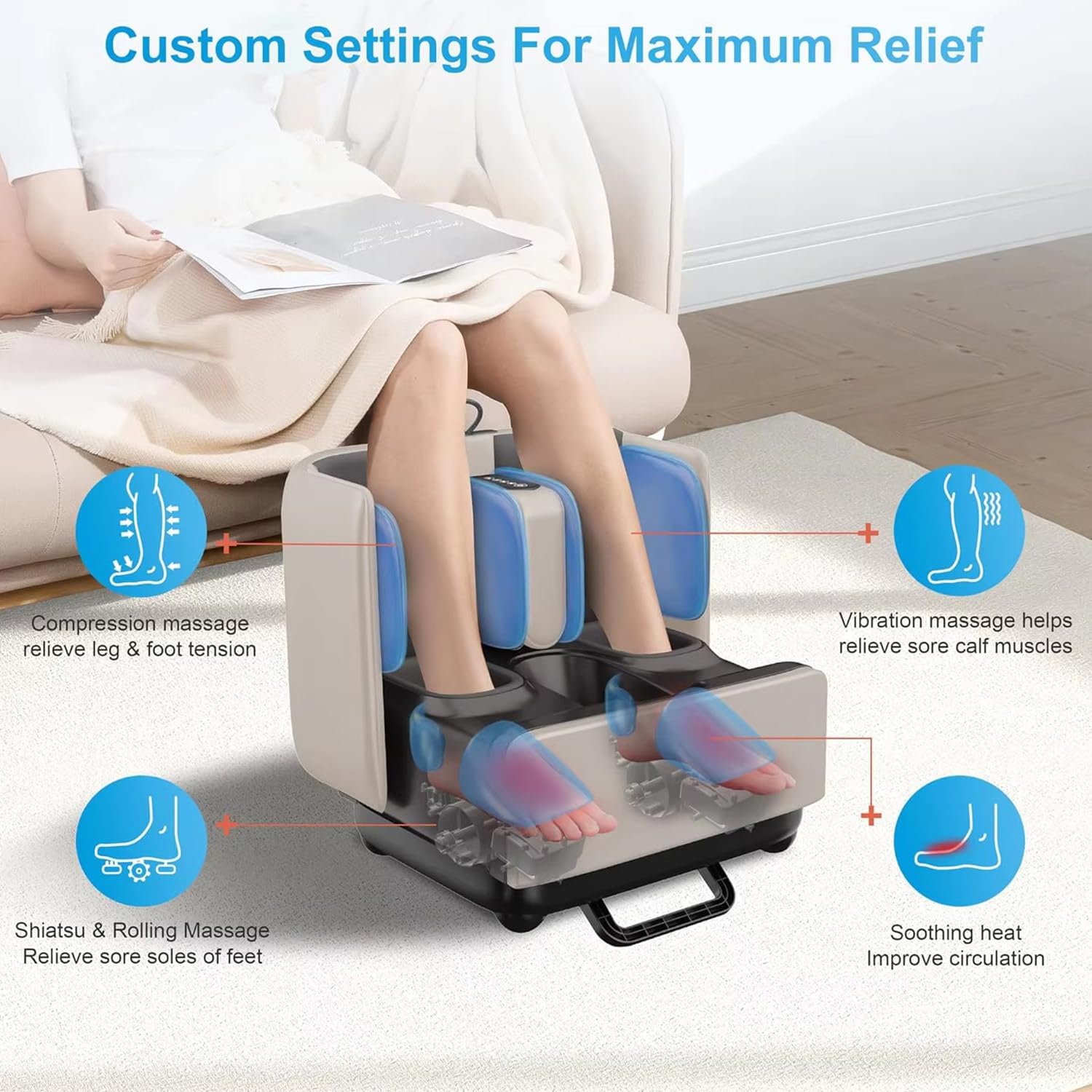 Massaggiatore per Piedi e Polpacci 2 in 1,Design dello Sgabello,con Shiatsu, Calore, Impastamento e Vibrazione, Compressione per Caviglie e Gambe,Adatto a Tutta la Famiglia Black