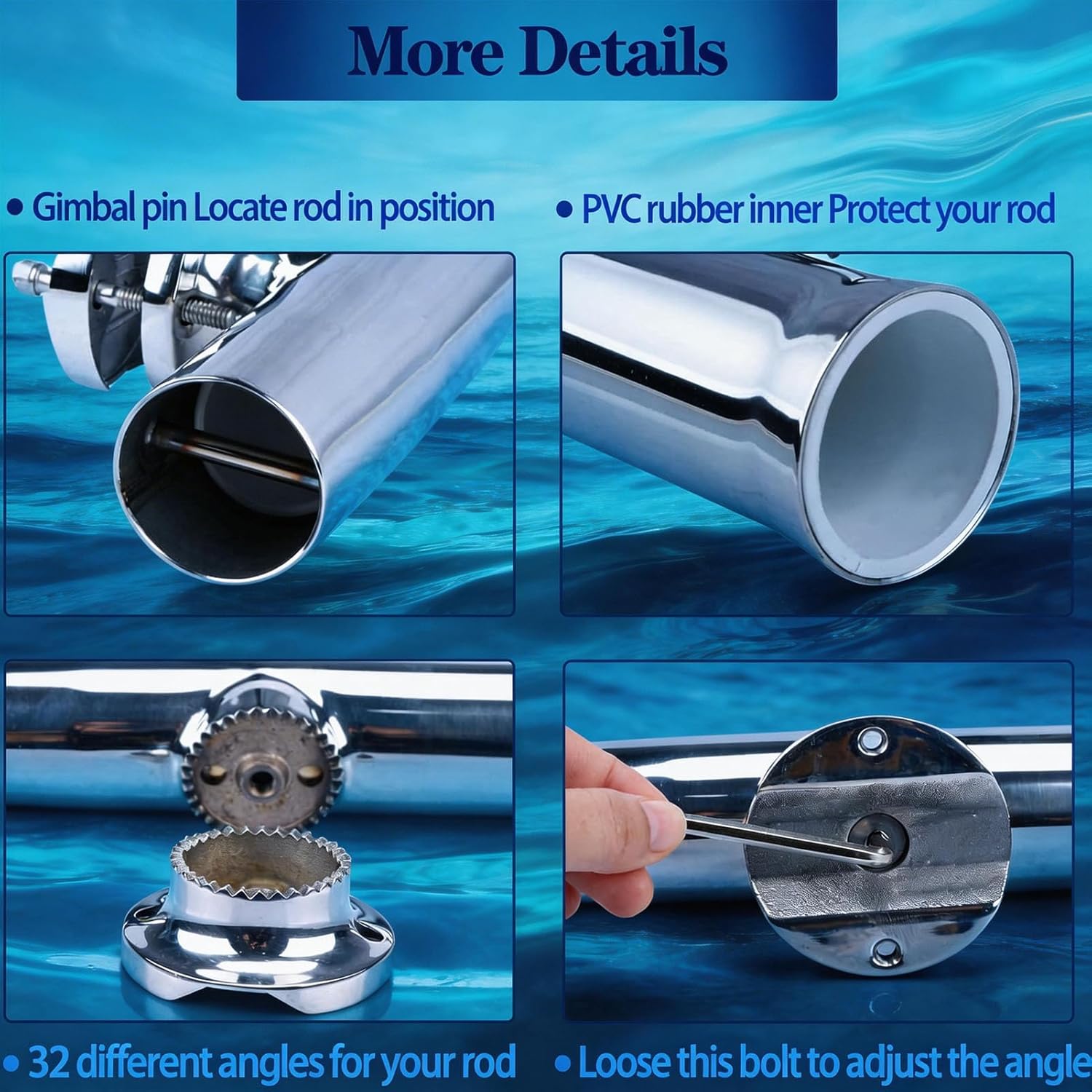 316 Stainless Tournament Style Boat Fishing Holder Clamp on Fishing Rod Holder, Rail Mount Fishing Rod Holder, Stainless Steel Tournament Style Clamp on Fishing Pole Holder for Rails 1" to 1.26"