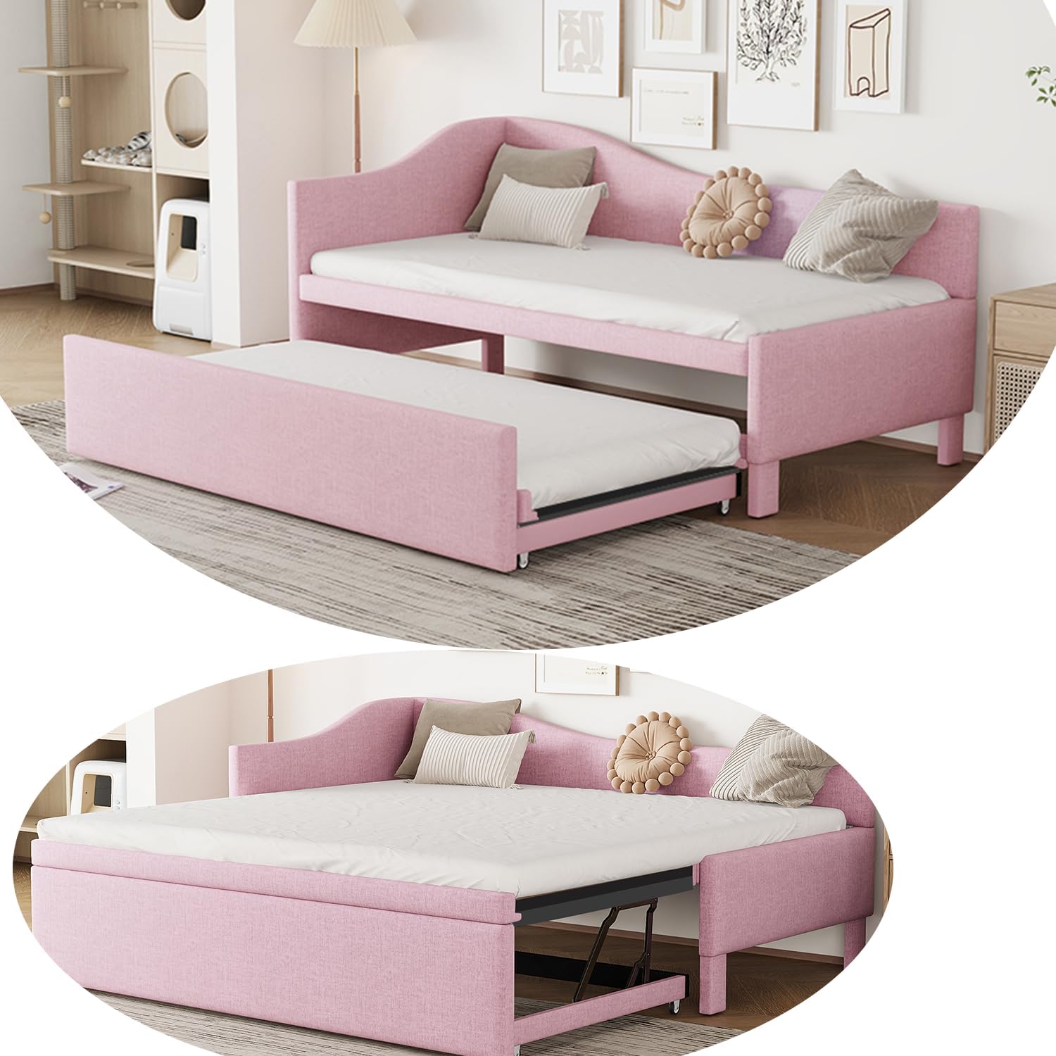 Daybed with Trundle, Twin Bed Frame with Upholstered Headboard, Modern Twin Bed Sofa Day Bed with Strong Supports for Living Room, Bedroom and Guest Room (Pink)