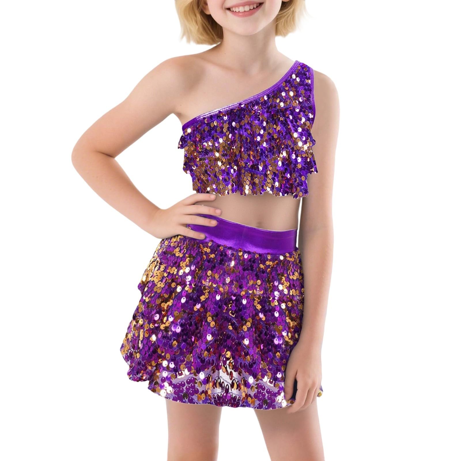 Traje de baile para niña, dos piezas, con lentejuelas, elástico, ajuste cómodo, falda superior para fiestas de baile