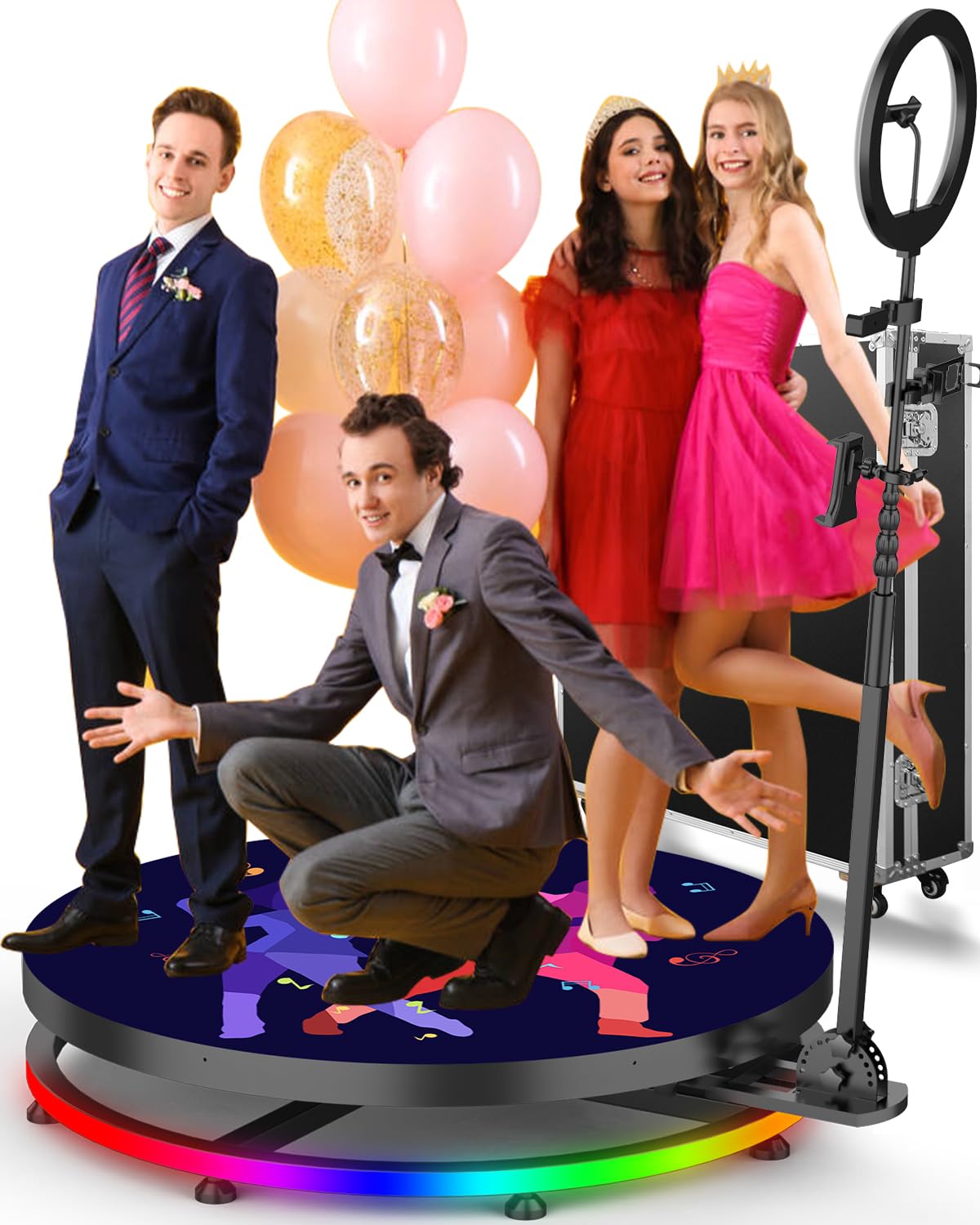360 Photo Booth Machine for Parties Free Custom Logo with Ring Light 5 People Stand on Remote Control Automatic Slow Motion 360 Spin Photo Camera Booth 100cm 39.4 inch with Flight Case