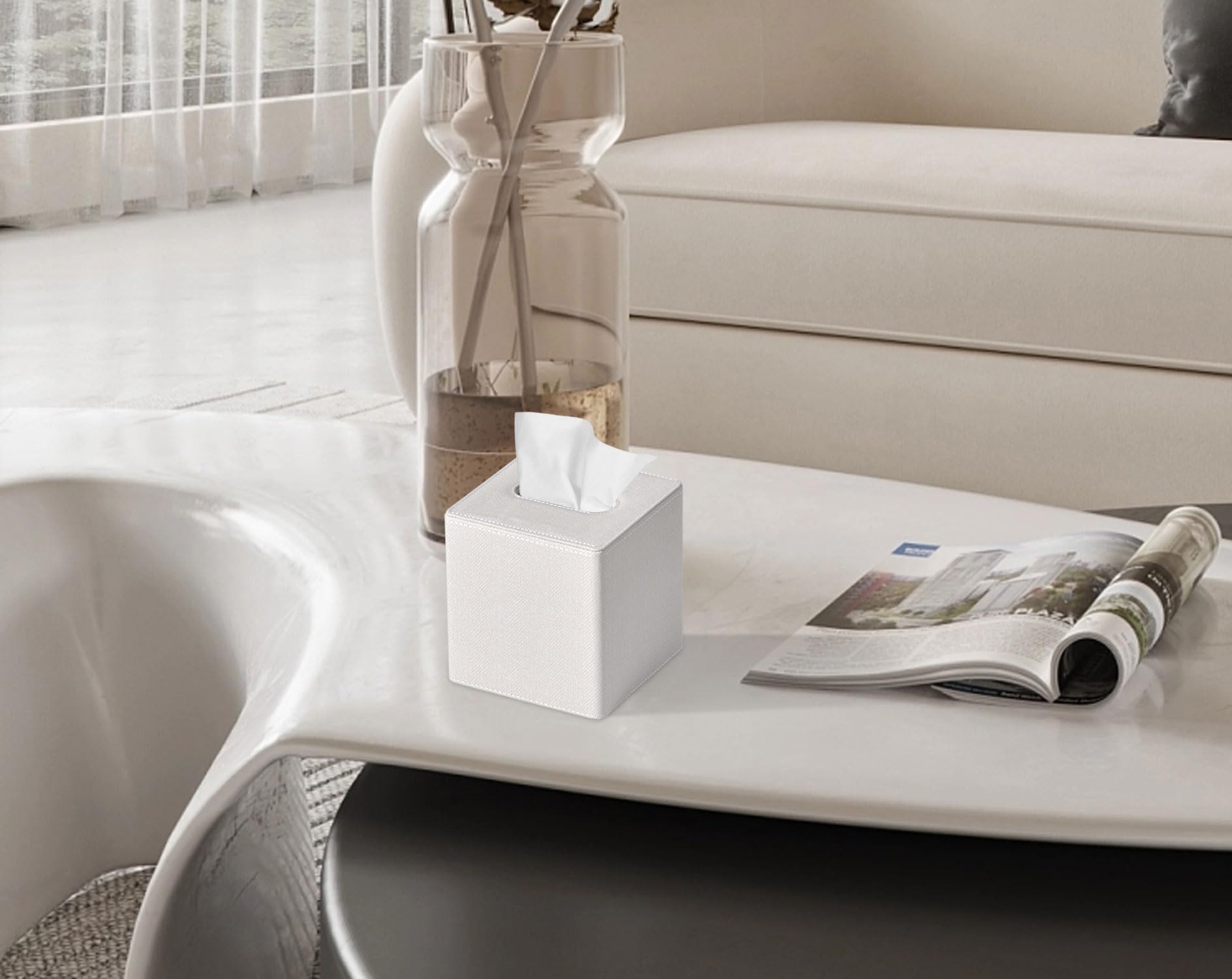 PU Leather Square Cube Tissue Box Cover Roll Paper Holder for Home Office Car (Emboidery)