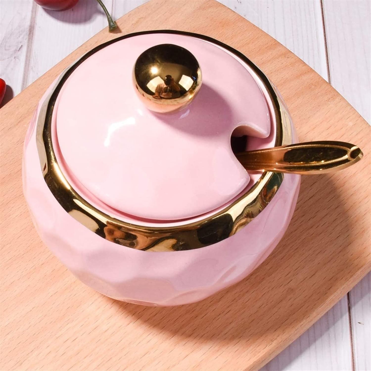 Barattolo per spezie, zuccheriera, in ceramica, a forma di golf, con coperchio e cucchiaio dorato, per casa e cucina