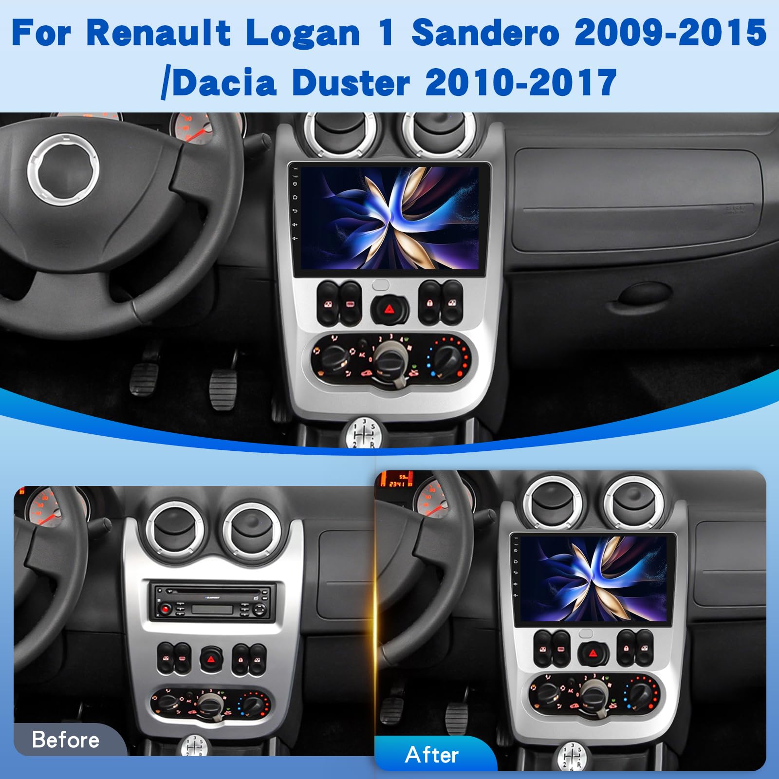 [2G+64G] Android Autoradio pour Renault Logan 1 Sandero 2009-2015/Dacia Duster 2010-2017 avec sans Fil Carplay et Android Auto, Écran Tactile HD de 9 Pouces avec GPS/WiFi/Bluetooth/EQ/FM RDS