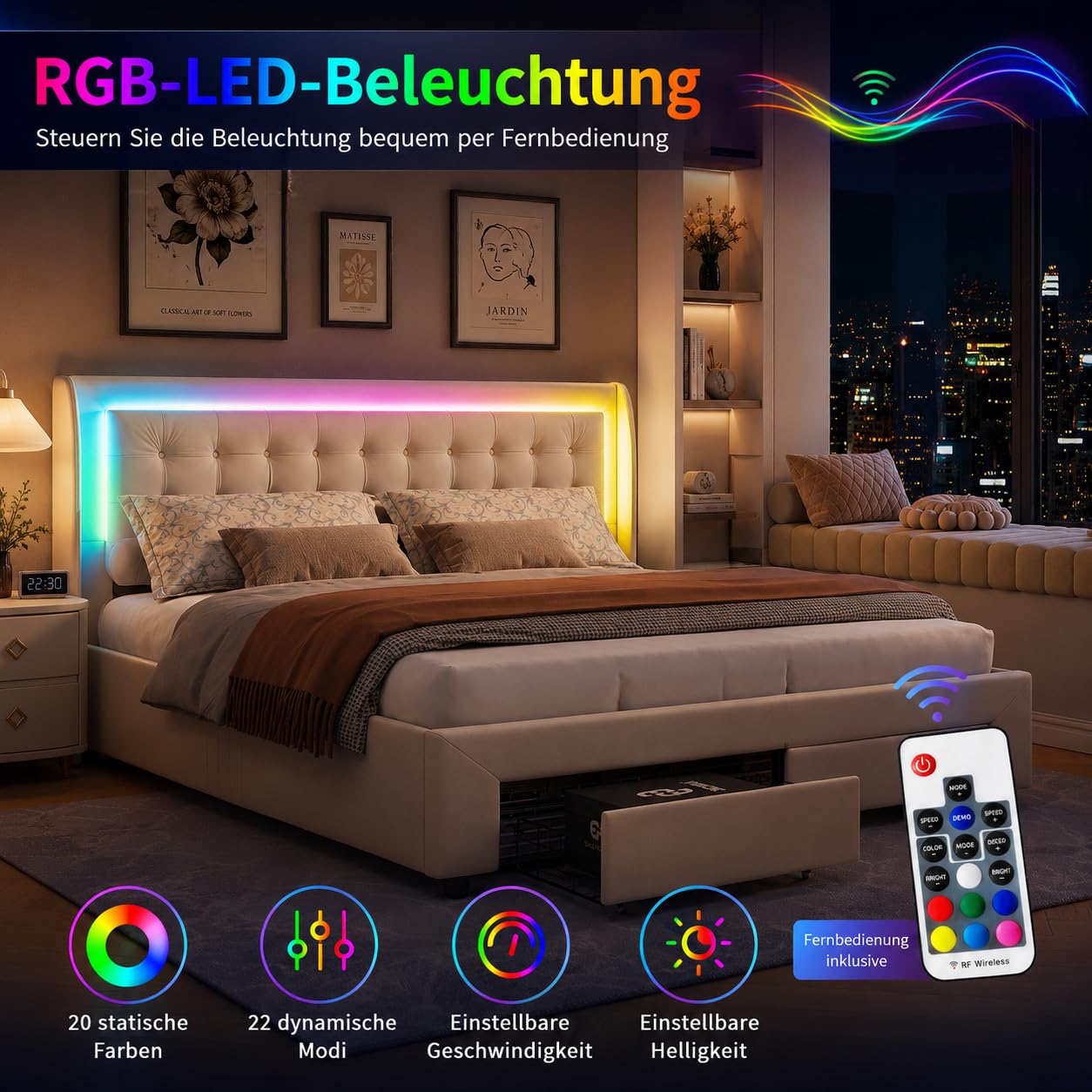 PerGar Letto imbottito 180 x 200 cm, letto matrimoniale a LED con vano portaoggetti e 2 cassetti, letto idraulico, letto funzionale, letto con vano portaoggetti, letto per ragazzi in velluto, senza