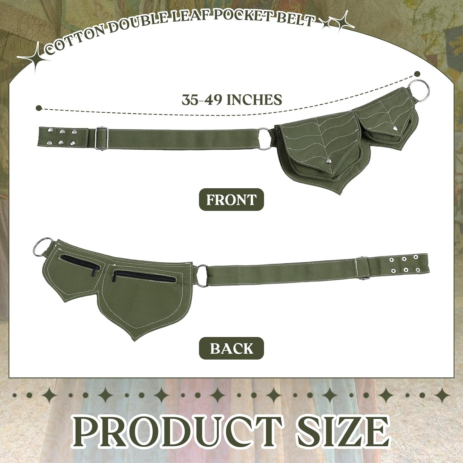 Cuffbow Cotton Two Leaf Pocket Waist Belt Sage Green Adjustable Renaissance Festival Theme Fanny Pack, Unisex Utility Hip Bag with Dual Zipper Style Pockets, Fits 35-49 Inch Waist, Vintage Style