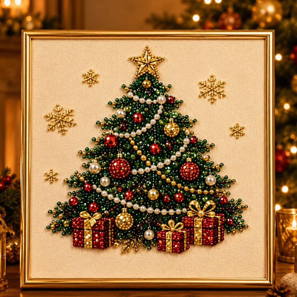 DIY Christmas Pearl Diamond Art Painting Kit with Frame,Christmas Pearl Beads Art Craft for Adults & Beginners,Gemstone Diamond Dots Beads Painting for Home Wall Decor,Beginner DIY Seasonal Party Gift