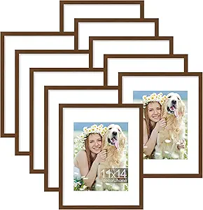 decorUhome 11x14 Picture Frame Set of 10, Display Photos 8x10 with Mat or 11x14 Unmatted for Picture Frames Collage Wall Decor, Brown