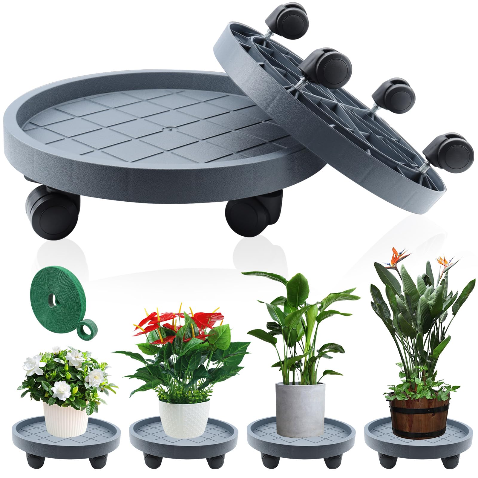 K KASONIC Plateau Roulant 40cm avec 4 Roues, Capacité 100kg, Pack de 2 Plateaux pour Déplacer Pots de Fleurs d'Intérieur et d'Extérieur, Inclut 5m de Liants Végétaux Déchirables