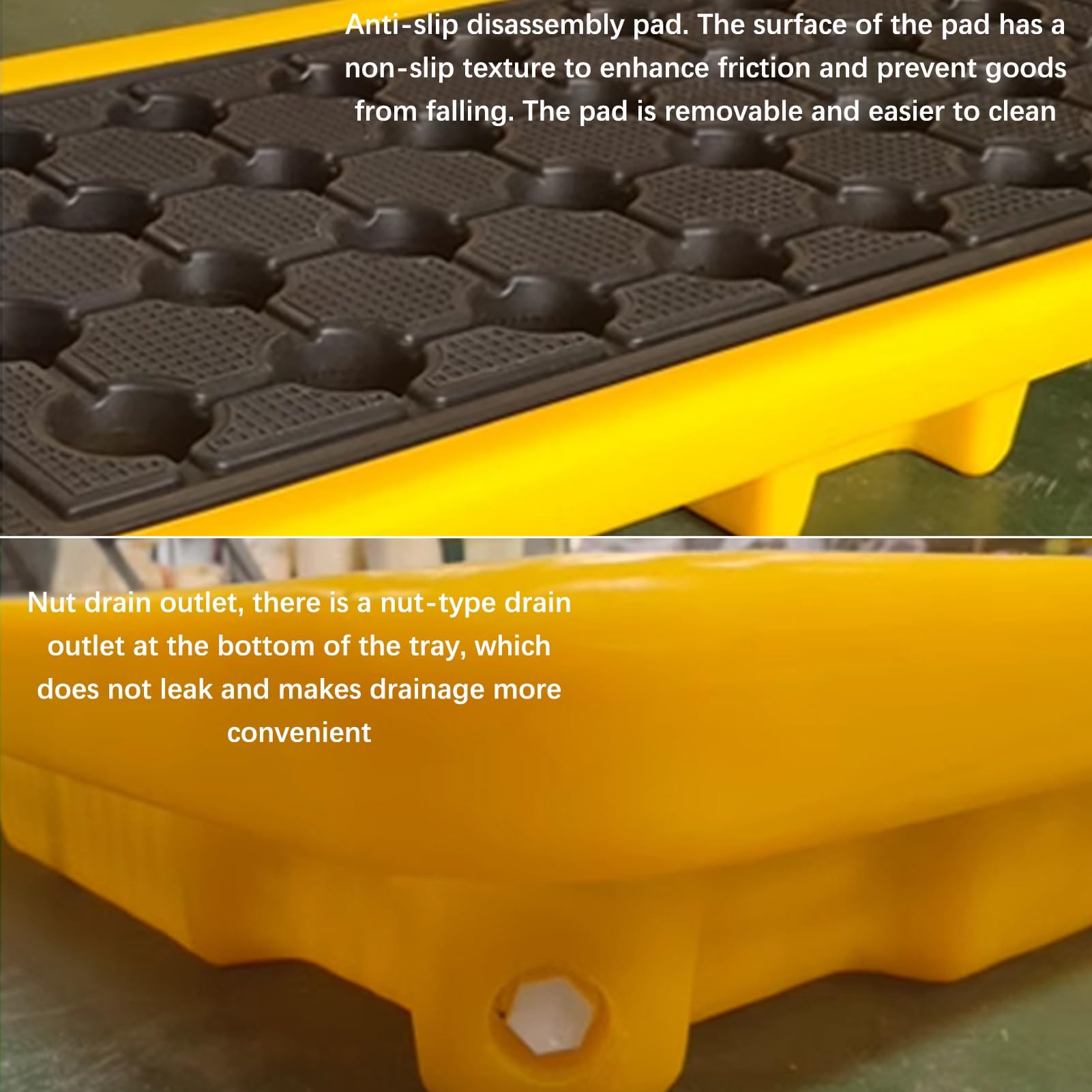Bandeja de contención de derrames de aceite, paleta modular de polietileno con plataforma de drenaje a prueba de fugas para almacenes, apilable, antideslizante, tambor de aceite y cubeta de pintura
