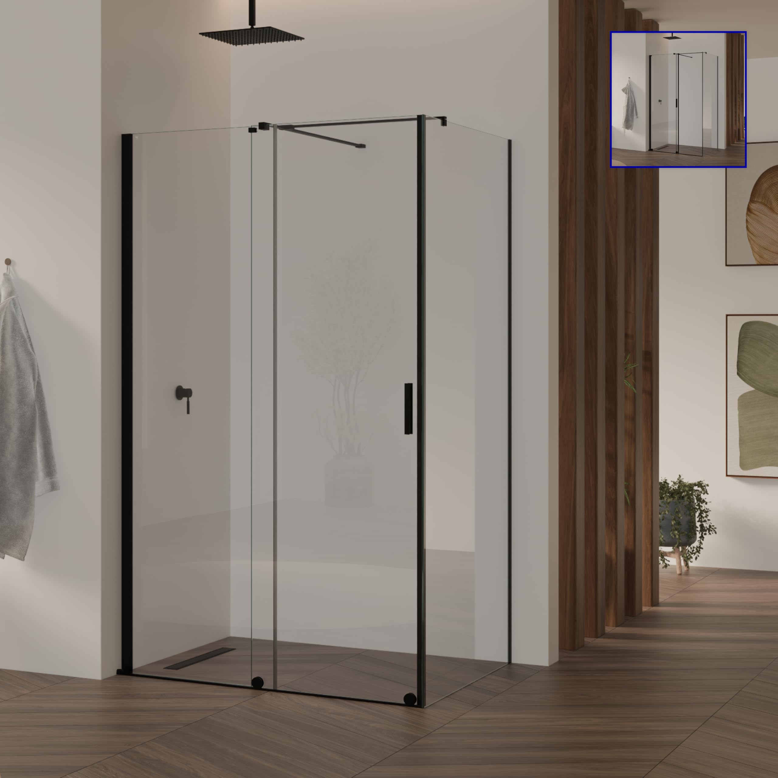 Mampara de Ducha Nadine | 120x90x200cm | Puerta corredera 120 cm | Ajuste 119,5-121,5 x 88,5-90cm | Perfiles Negros, Cristal transparente de 8 mm - Moments of Glass