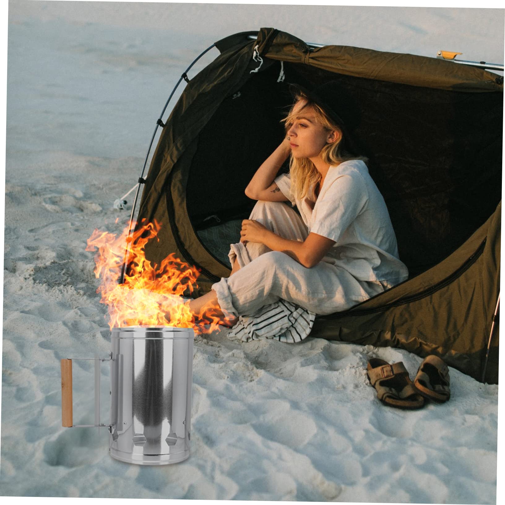 Abaodam Accenditore Carbone Barbecue da Esterno 1 Pz in Alluminio | Manico in Legno, Base Ampia, Accensione Rapida del Carbone, per Barbecue a Carbone