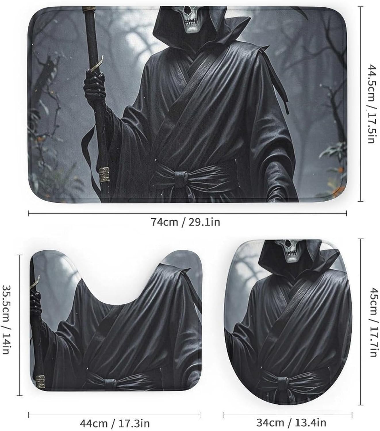 4 Piece Bathroom Rug Set with Shower Curtain, Non-Slip Bath Mat Toilet Cover Set, Grim Reaper Bathroom Rug Sets