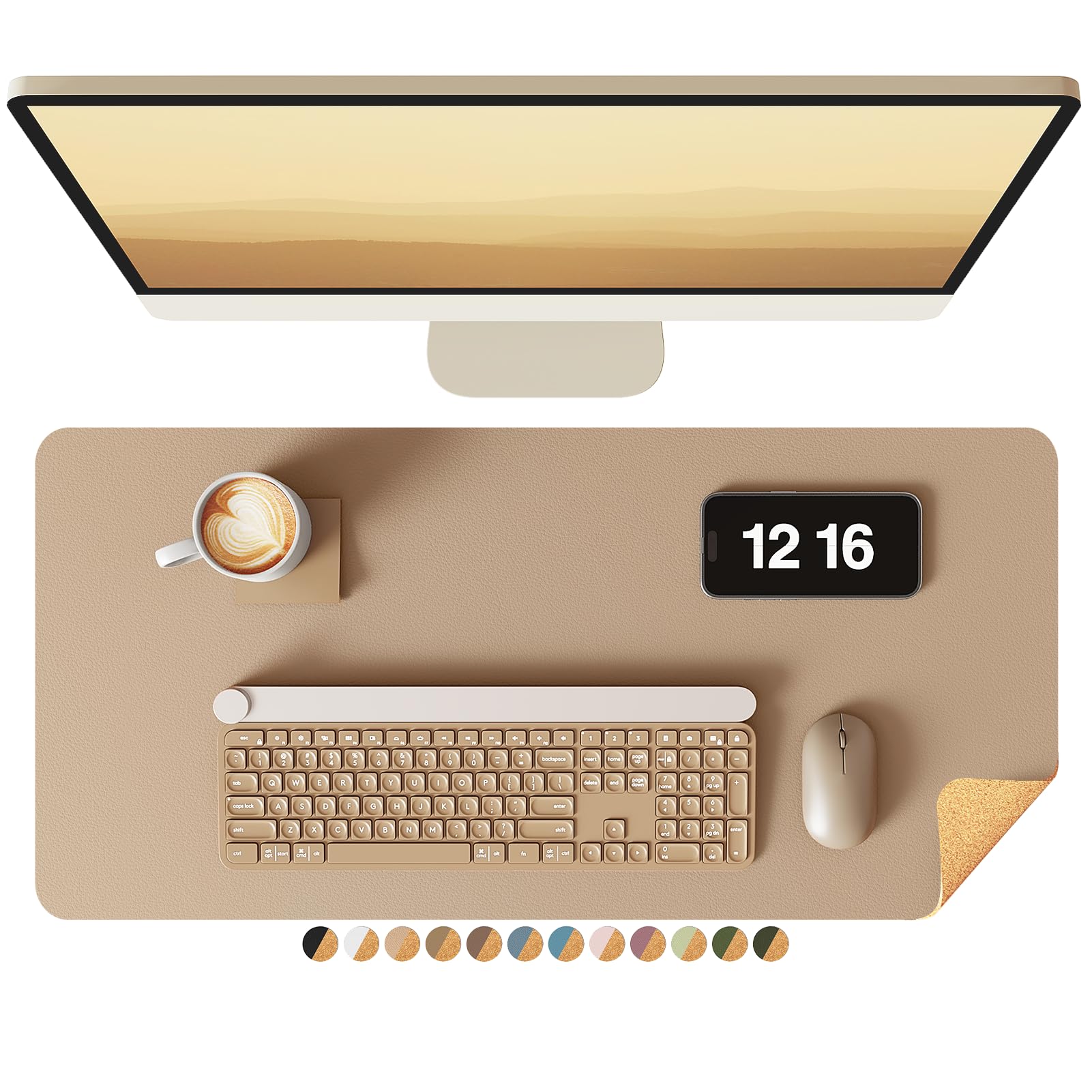 YSAGi Double-Sided Desk Pad, Leather Desk Mat, Eco Cork Desk Pad Protector, Large Mouse Pad for Desk, Waterproof Desk Blotter Pad, Writing Pad for Office/Home(23.6"x13.7",Apricot)