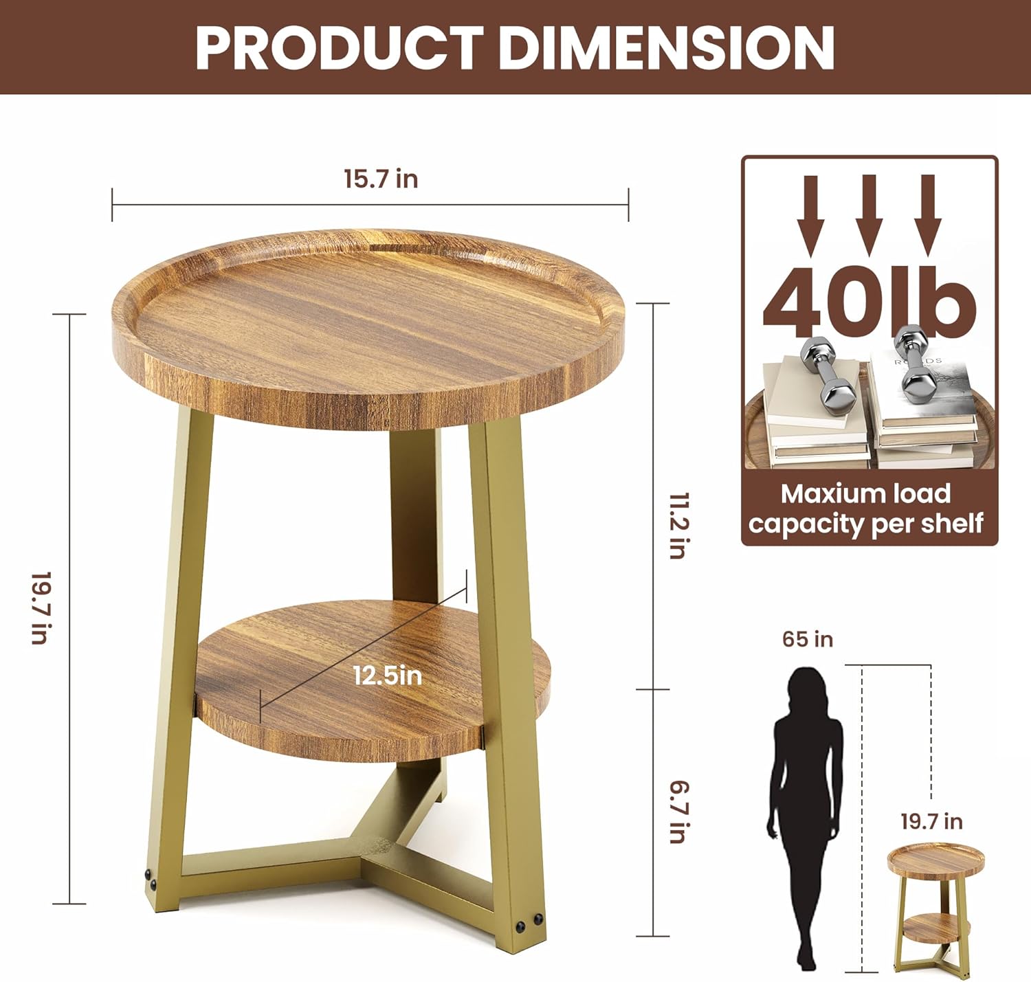 ppamapic round end table, 2 tier side table with storage shelf, nightstand accent table for living room bedroom small space, golden metal frame, 15.7" d x 19.7" h, rustic brown golden 15.7"*19.7"