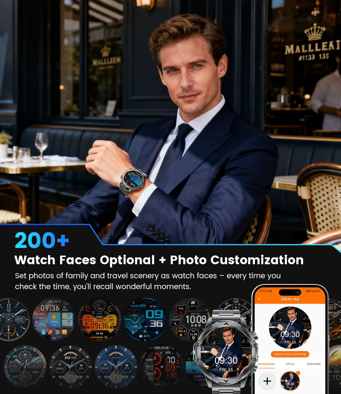 FitVigor Military Smart Watch for Men, 1.53" Fitness Tracker with 1000 mAh Ultra-Long Battery/Flashlight/Bluetooth Calling/Health Monitor / 120+ Sports Modes / IP68 Waterproof for iOS Android, Black — view 9