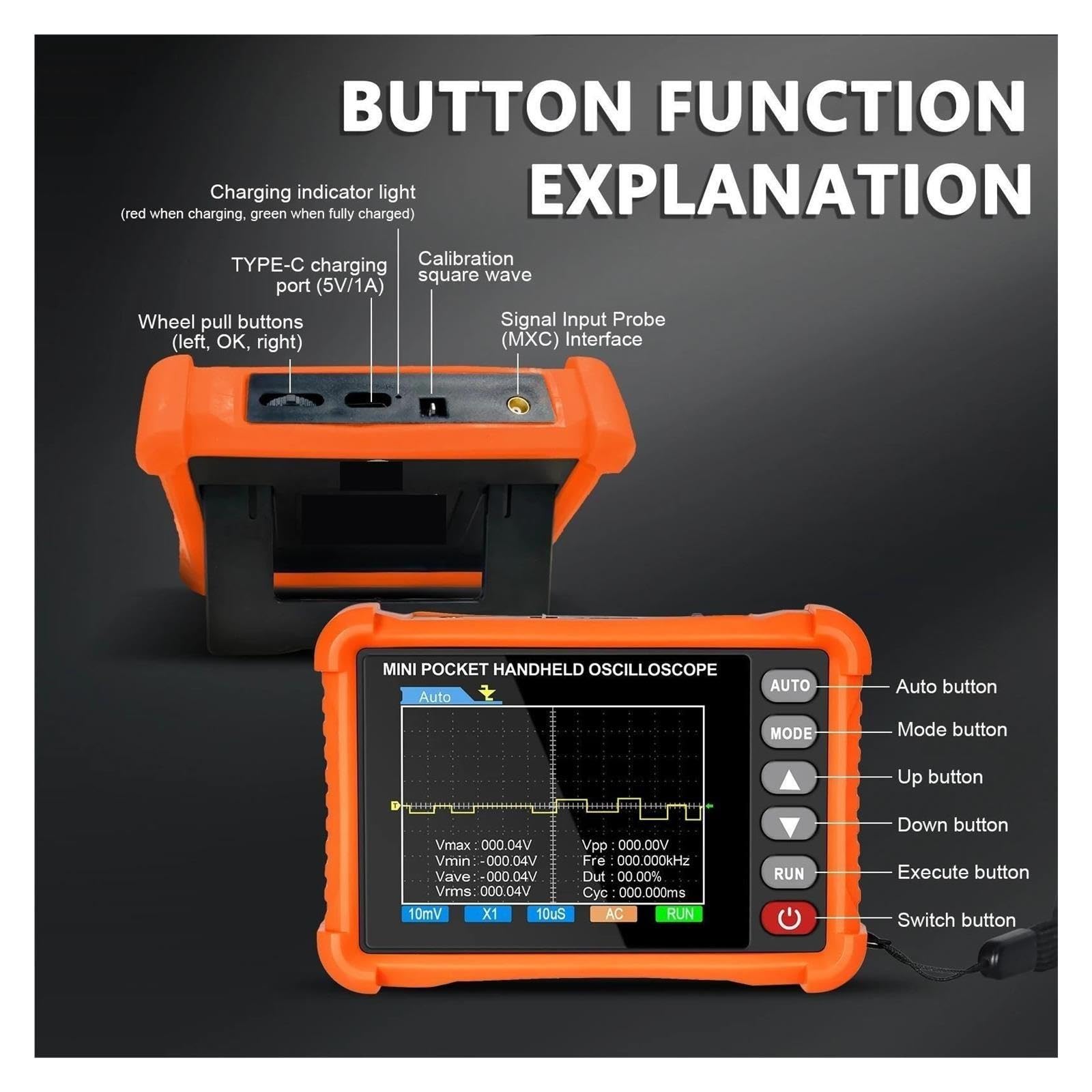 Osciloscopio digital, Osciloscopio portátil BT-500K 500kHz 2,5 MS/s alcance Digital de bolsillo,8 LCD herramienta reparación tipo C