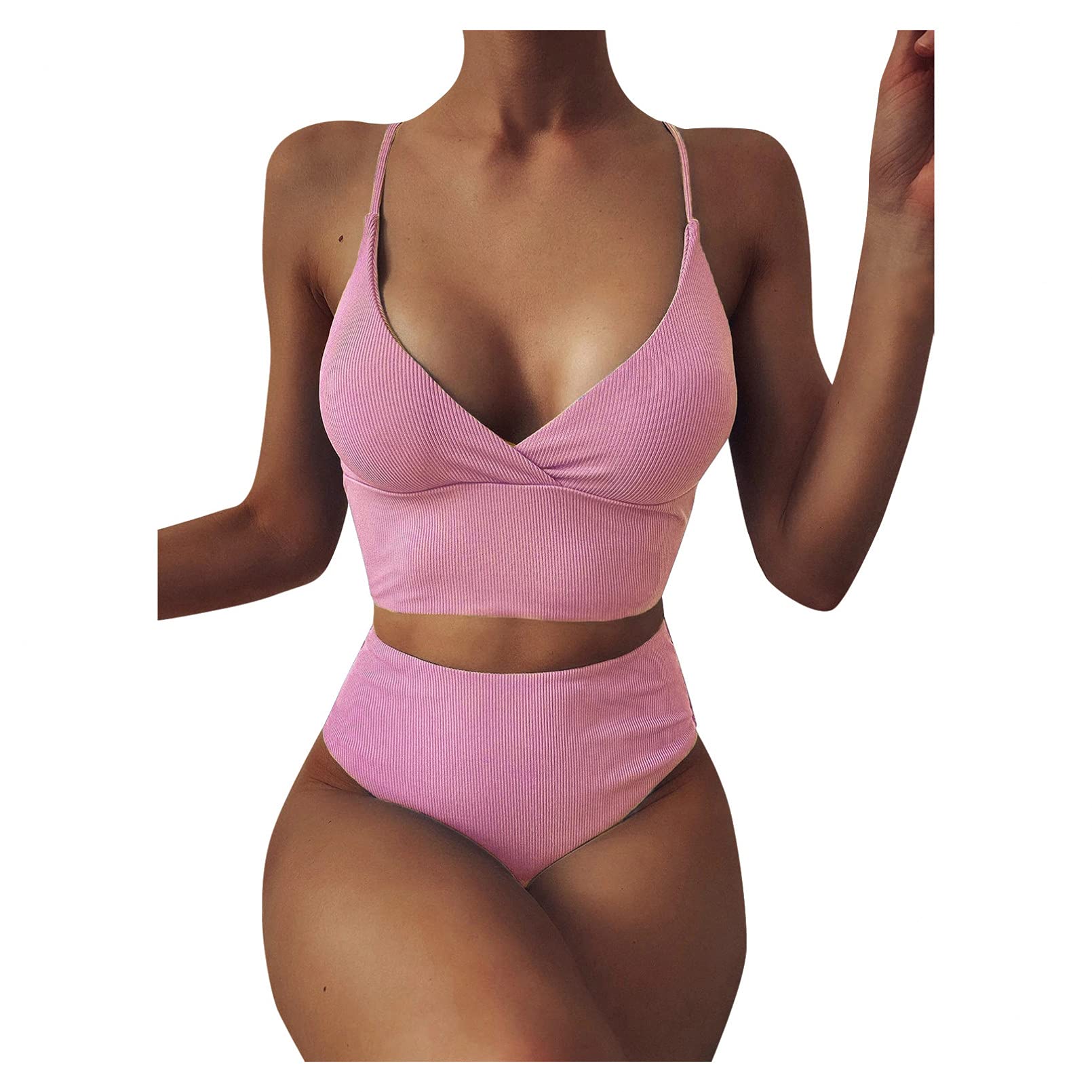 BAJIE Maillot de bain 2 pièces à col en V pour femme Taille haute - Rose - S