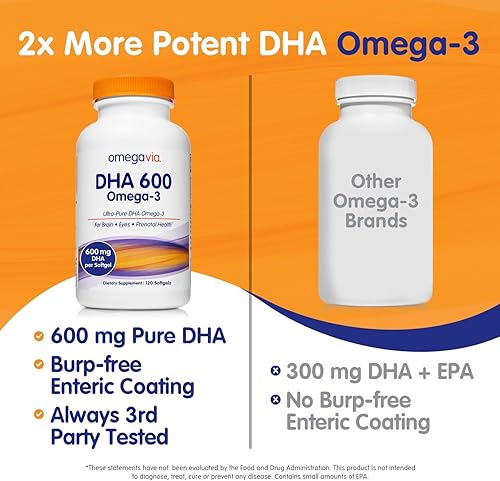 Miniatura 4 de OmegaVia DHA 600 mg  Suplementos DHA ultrapuros omega-3 para cerebro y ojos nutriente prenatal DHA Omega 3 para mujeres prenatales embarazadas y