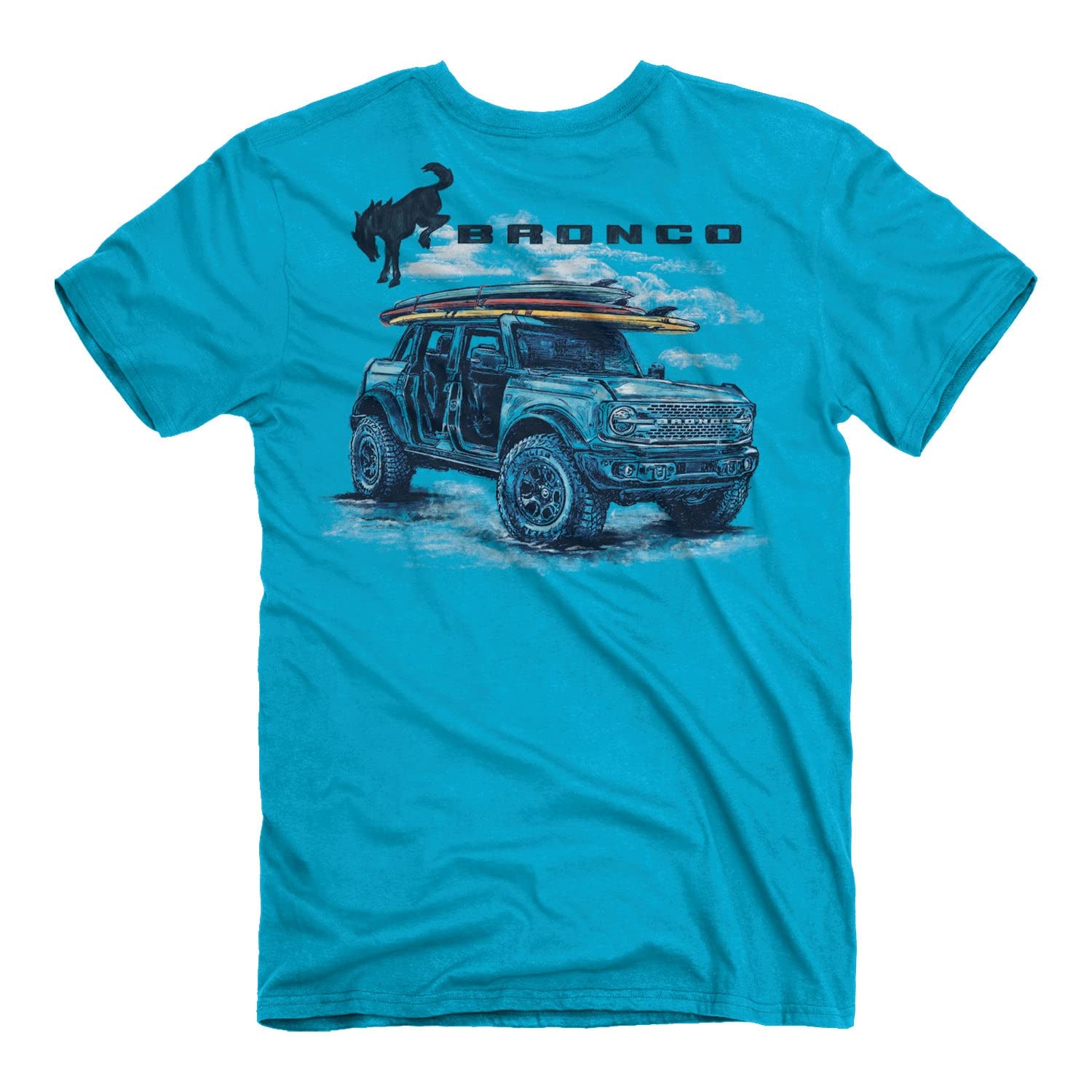 Bronco Ford Surf Trip Men's Short Sleeve T-Shirt | Surf Board, Beach, Design for Beach Lovers | 100% Cotton, Caribbean Blue