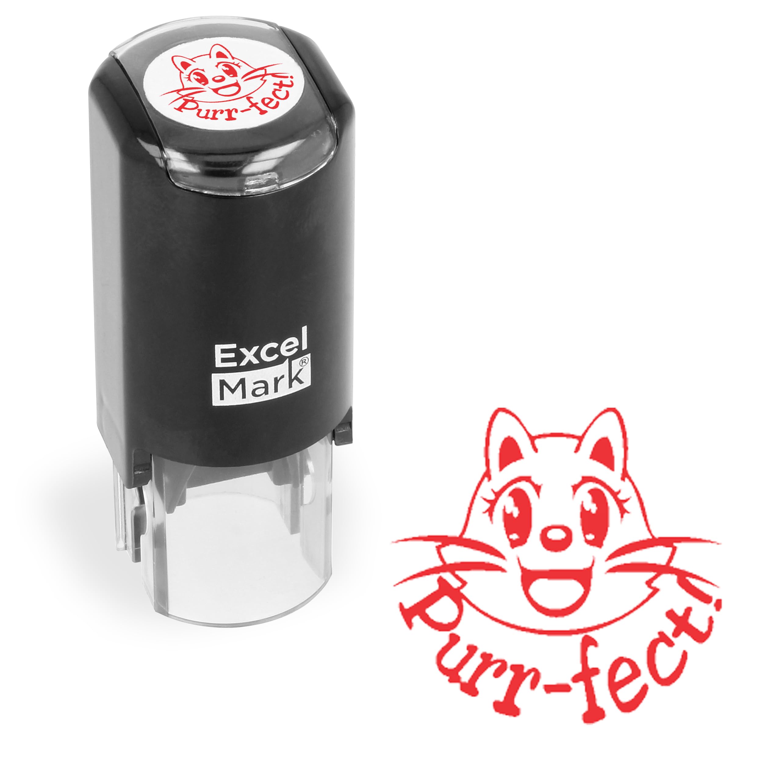 ExcelMark Round Teacher Stamp - Purr-FECT! - RED Ink