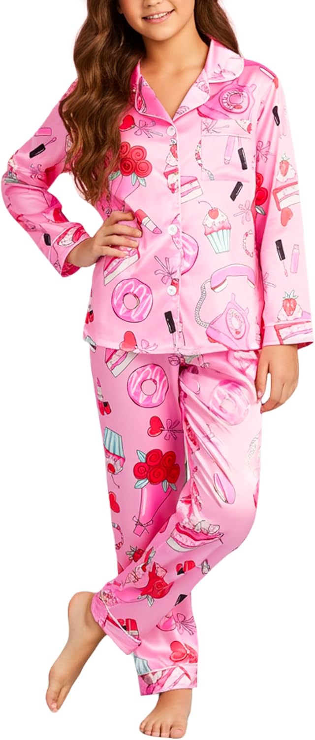 PATPAT Girls Satin Pajama Set - Silky Long Sleeve Sleepwear for Kids with Bag,Ages 5-14 Years