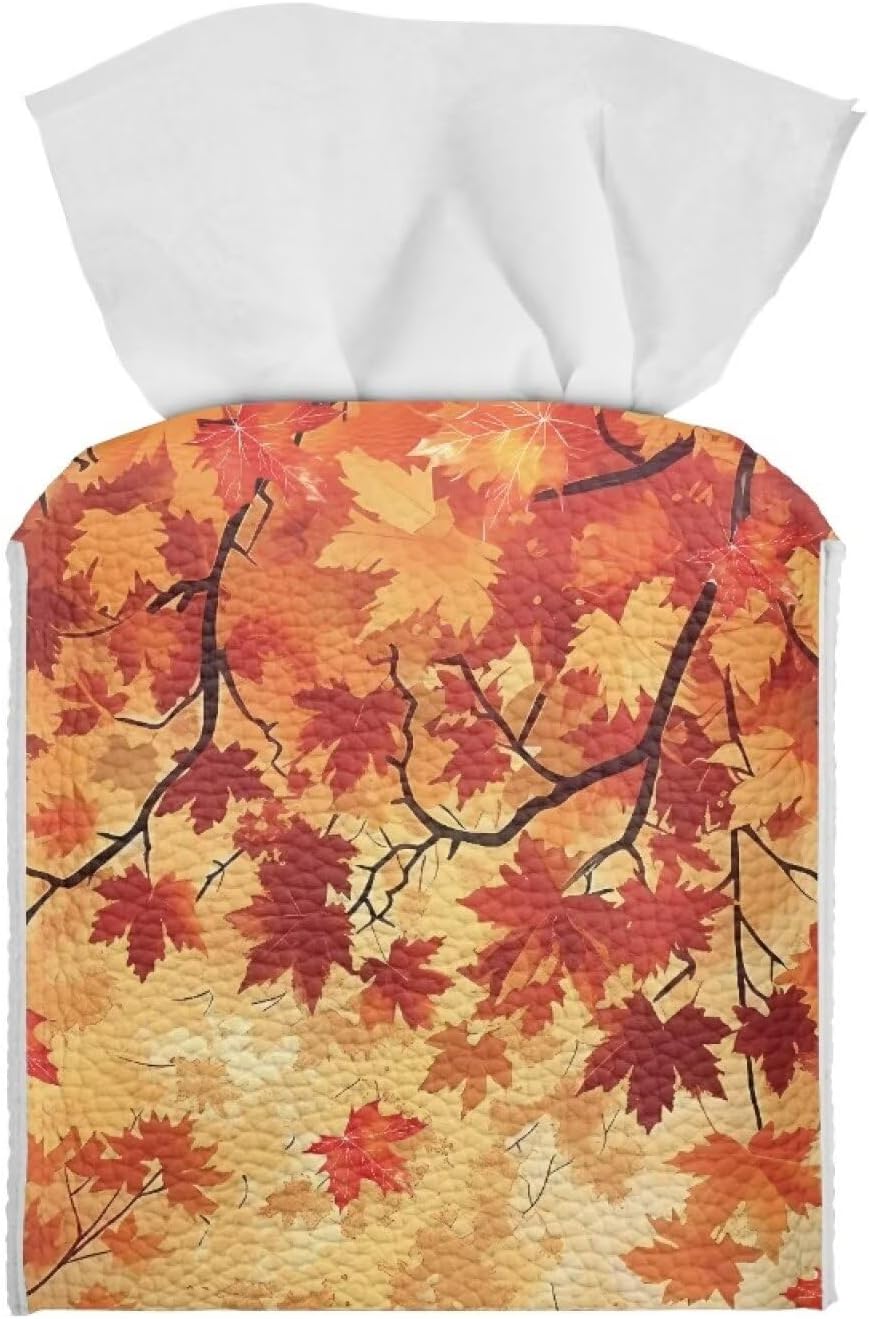 Fall Maple Leaf Square Tissue Box Cover Pu Leather Tissue Holder Facial Paper Cover Waterproof Stain Resistant Toilet Paper Holder for Bathroom Bedroom Christmas Decor