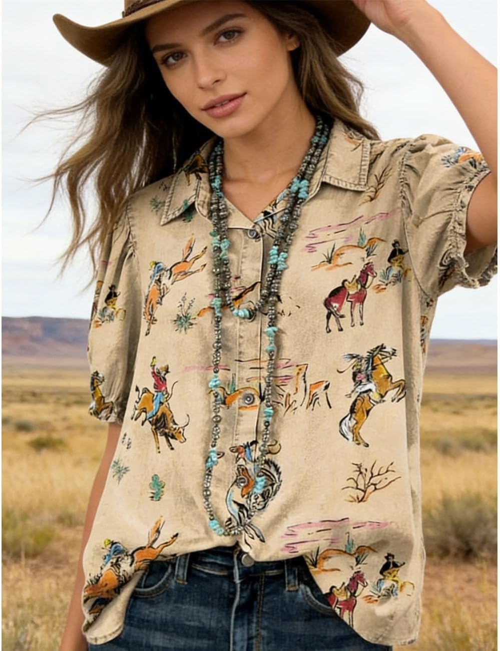 Women's Western Cowboy Print Blouse V-Neck Puff Short Sleeve Button-Down Casual Top