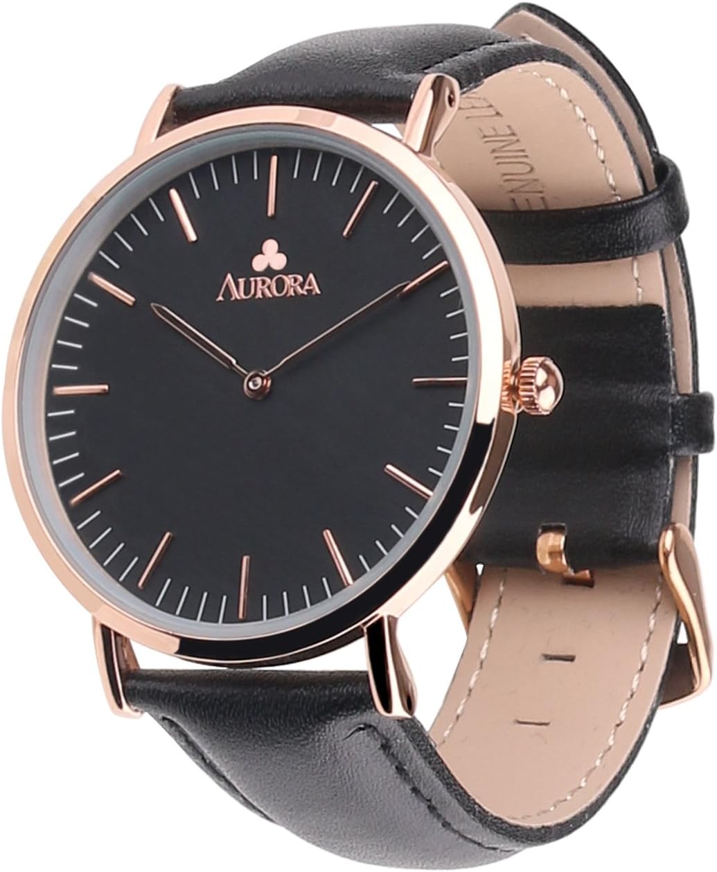 Aurora Woman's Stainless Steel Casual Quartz Analogue Black Dial Waterproof Wrist Watch with Black Leather Band - Rose Gold