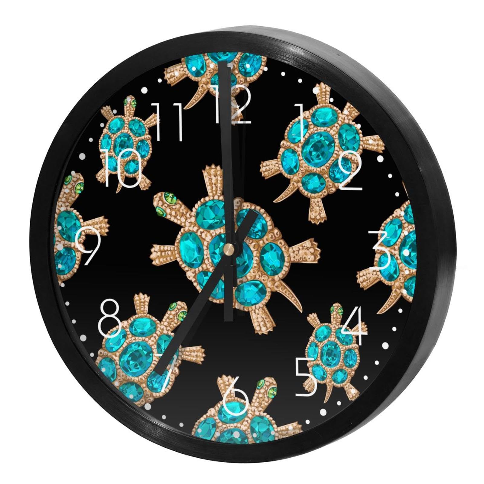 Horloge murale silencieuse à quartz motif tortue bleue et noir pour la déco de cuisine