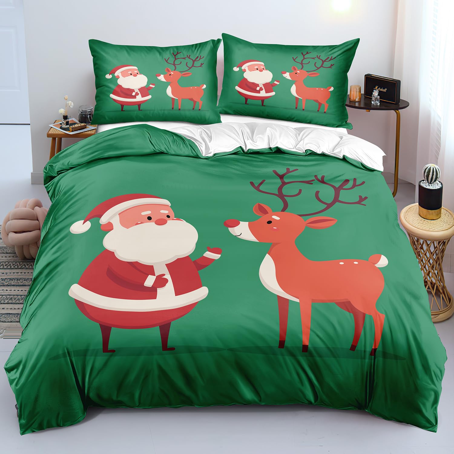 Parure de lit de Noël 200x200 cm avec housse de couette imprimé rennes et Père Noël pour enfants