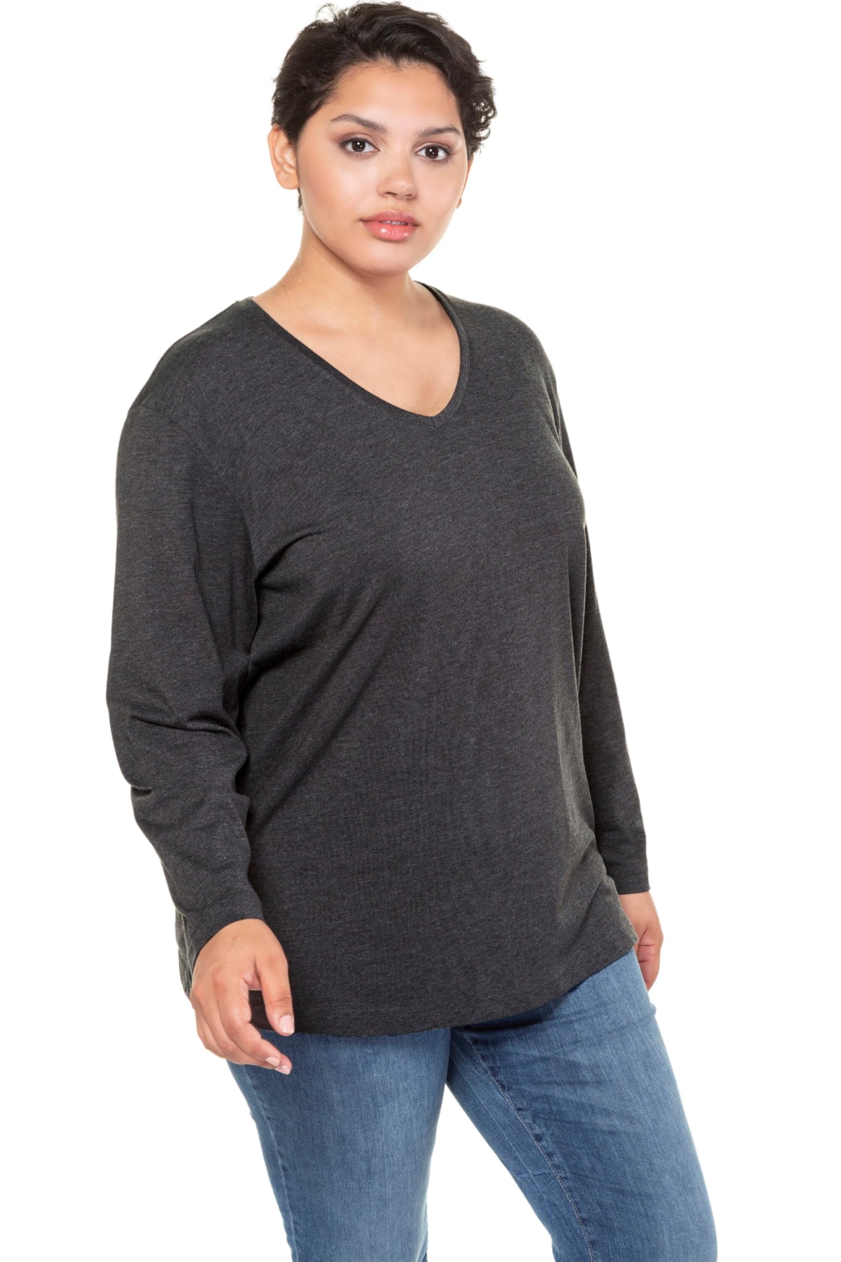 Ulla Popken Women's Shirt, V-Ausschnitt, Relaxed, Langarm Neck, Long Sleeves, Black, 20 UK/22 UK