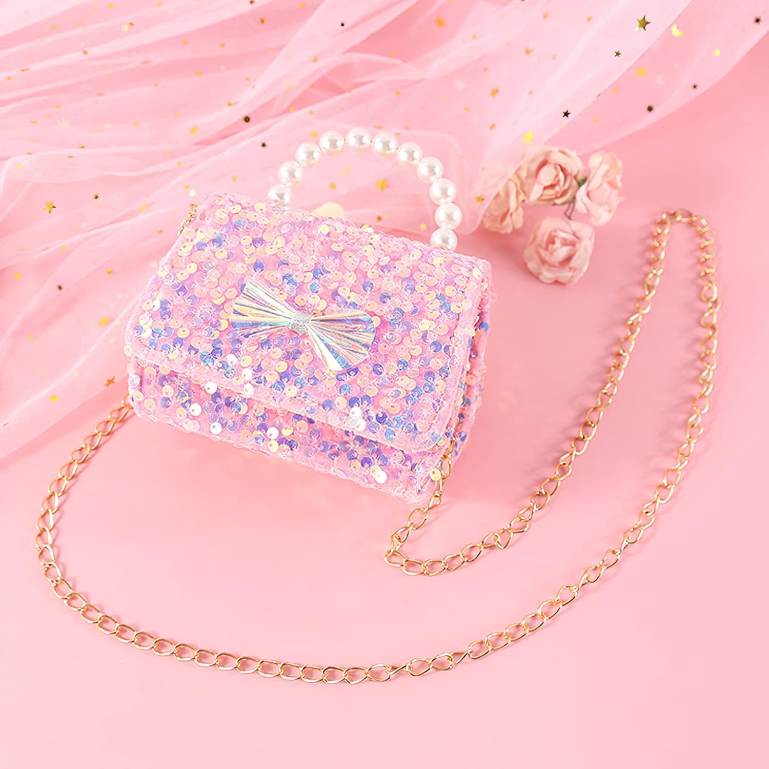 Toddler Purse Sequins Crossbody Bag Pearl Top Handle Glitter Bow Little Girls Wallet Handbag Kids Accessories Gifts - Image 2