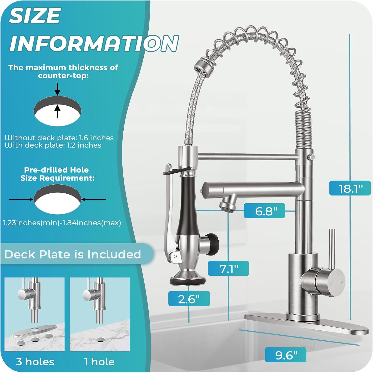 Kitchen Faucet with Pull Down Sprayer - Brushed Nickel Single Handle Commercial Kitchen Faucets, 2-Spout Stainless Steel Spring Pull Out Kitchen Sink Faucet 1/3 Hole with Deck Plate