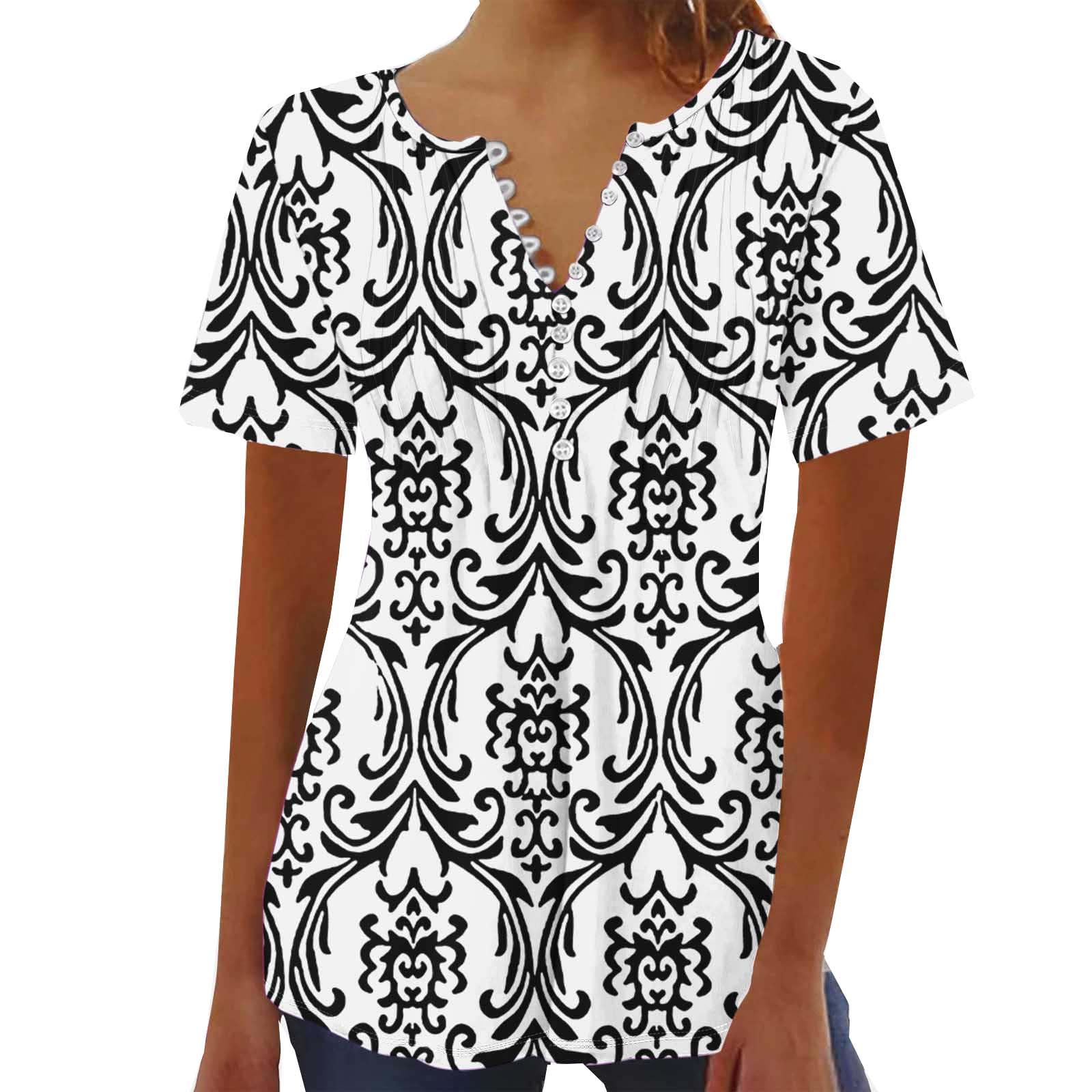 Firzero T Shirts for Women Graphic Trendy Summer Henley Shirts Floral Graphic Short Sleeve V Neck Blouses Casual Tunic Tops