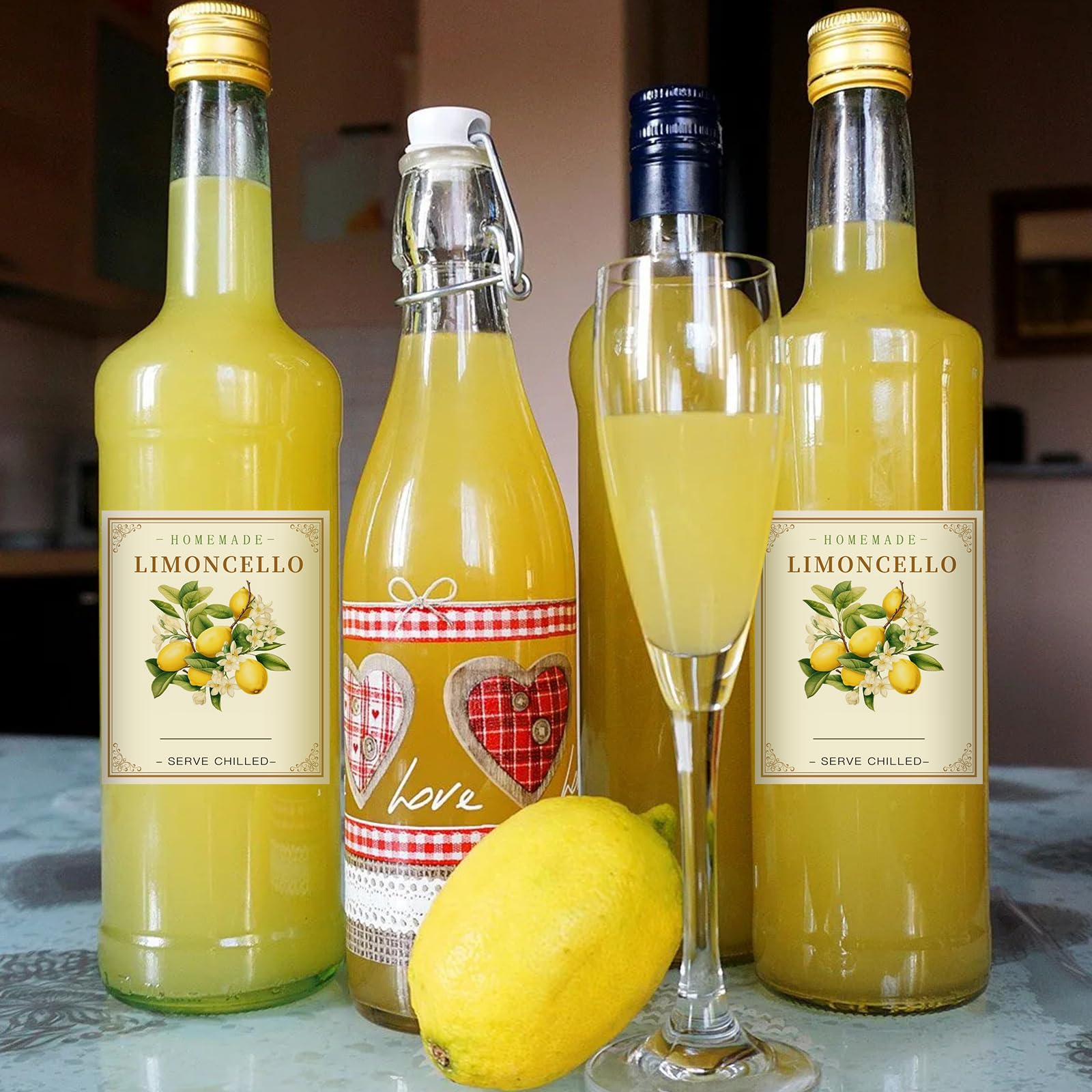 Limoncello - Etiquetas para botellas de limoncello caseras, 20 unidades, calcomanías de etiquetas de botellas de vidrio Limoncello, 2.5 x 3 pulgadas, elegantes calcomanías de vino de limón para bodas