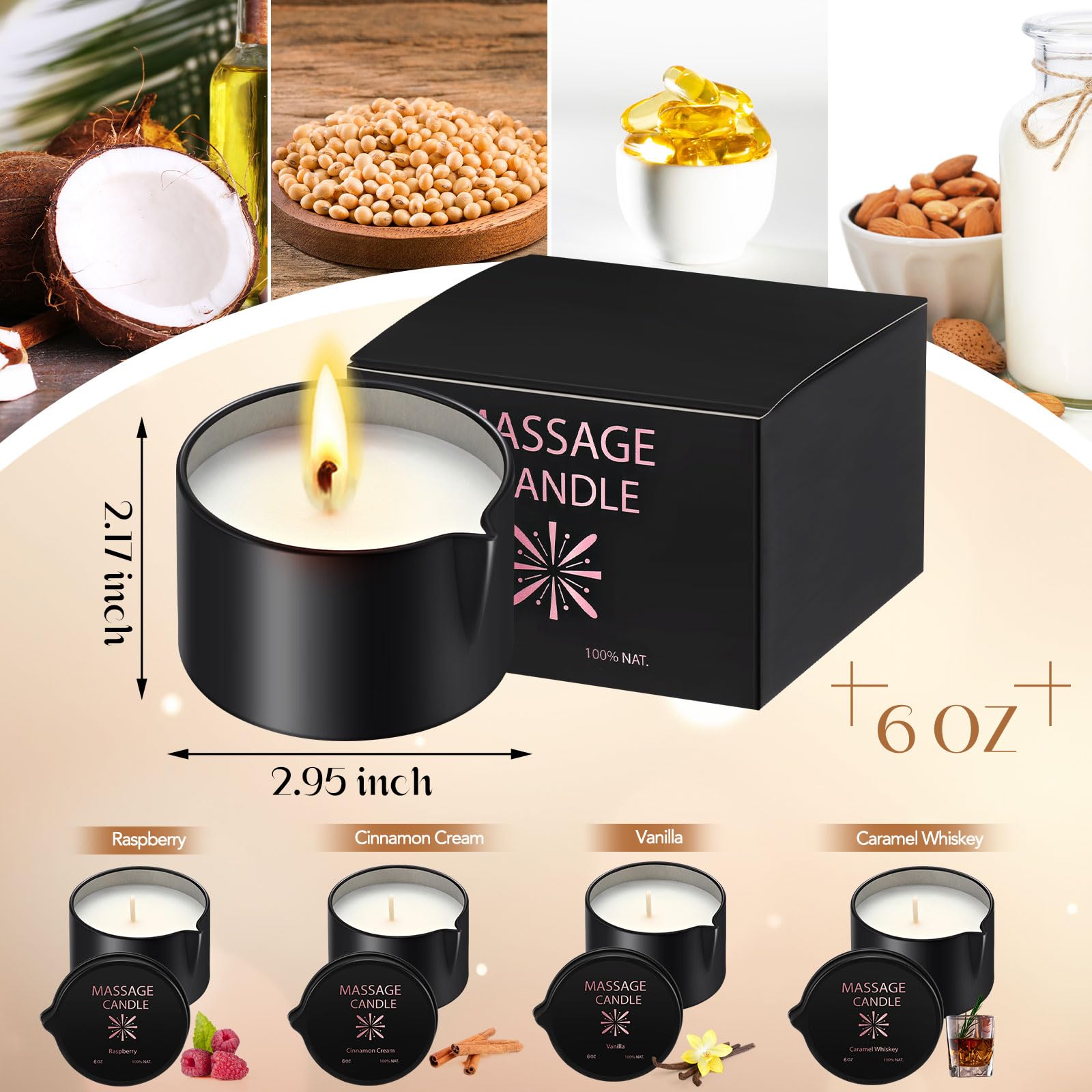 Nuanchu 4 candele a olio per massaggi da 170 g, accendono a bassa temperatura profumate per il corpo, per terapia di massaggio, a base di soia, regalo di Natale, casa, spa, 4 profumi