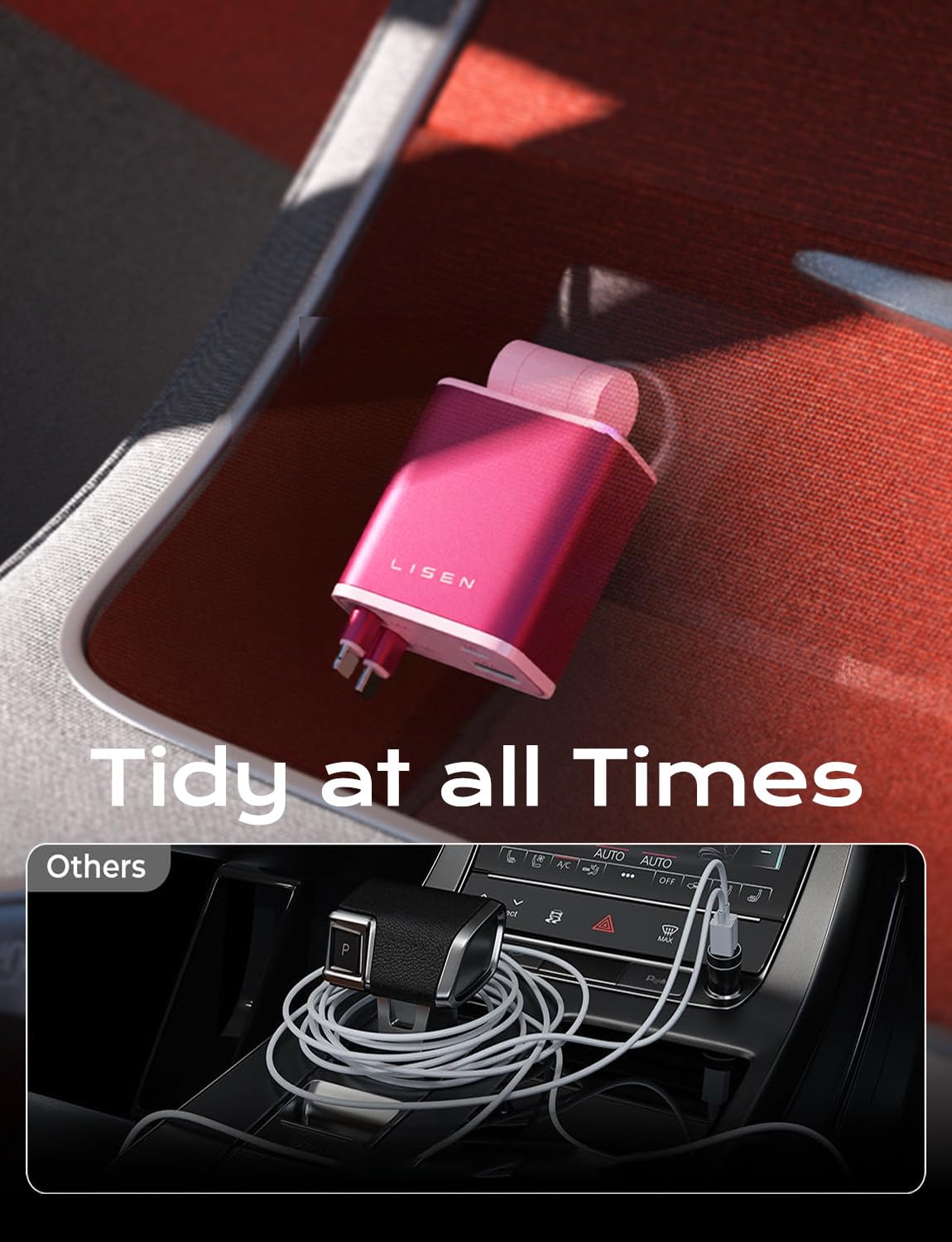 LISEN Retractable Car Charger, Pink-White view 7