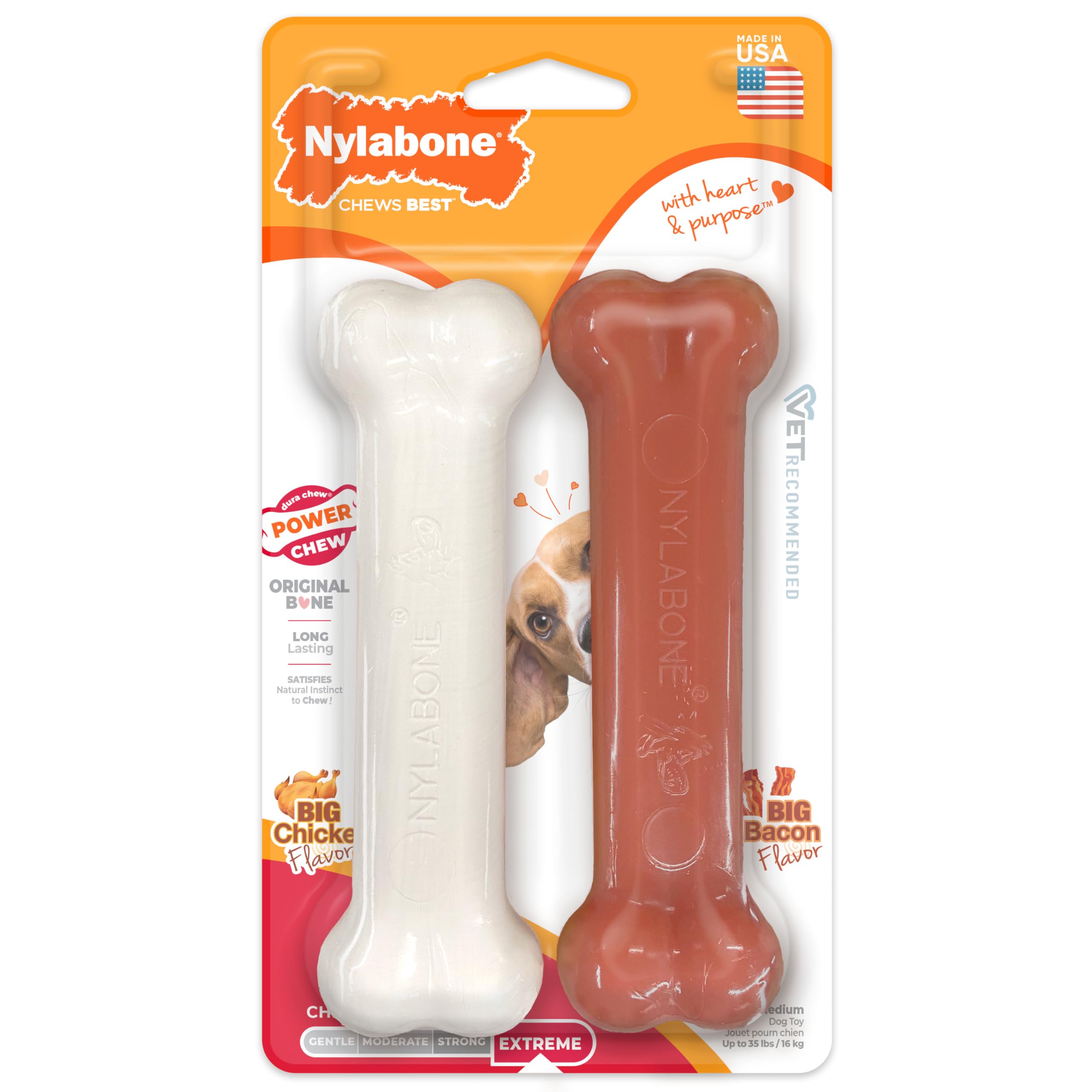 Nylabone Power Chew Original Bone Dog Chew Toys, Medium, 2 Count