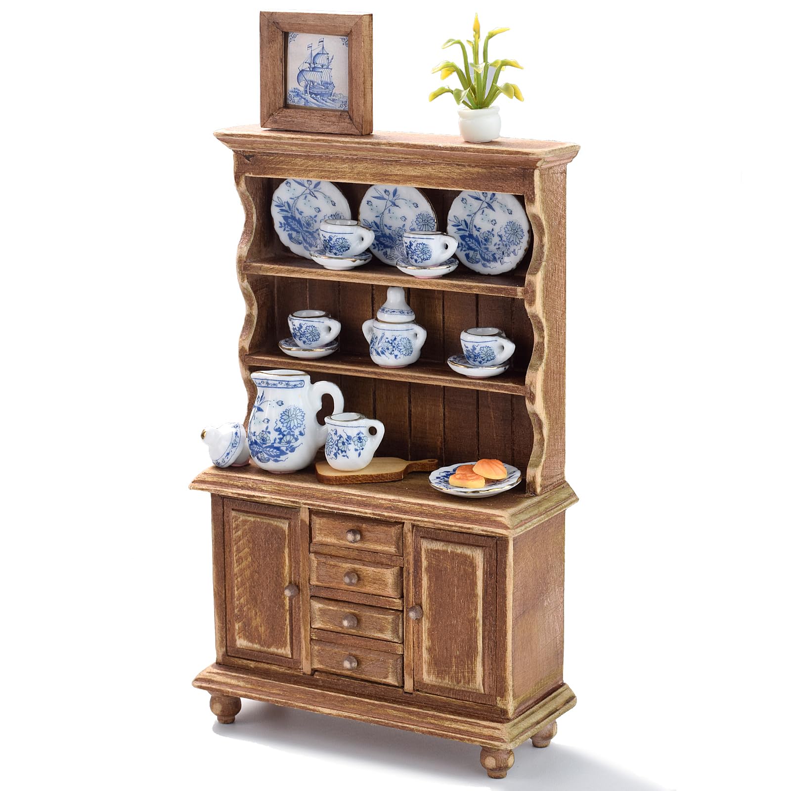 Vintage Hutch in 1:12 Scale with Miniature Ceramic Tea Set and Accessories, Handcrafted Dollhouse Antique Wooden Kitchen Cupboard, Classic Bookshelf with Porcelain Plates (Antique Brown)