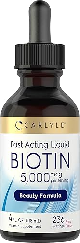 Carlyle Biotin Liquid Drops 5000mcg 4 onzas líquidas Sabor natural a bayas Suplemento vegetariano, sin OMG y sin gluten