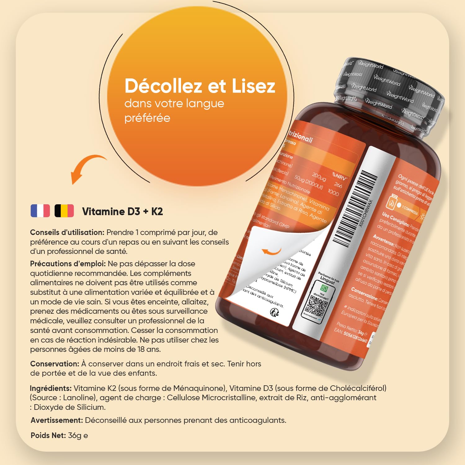 Vitamine D3 K2 MK7, 365 Micro-Comprimés Végétariens (pour 1 An), Combinaison Vit D3 2000UI Cholécalciférol avec Vitamine K2 MK7 200μg Ménaquinone, sans Stéarate de Magnésium