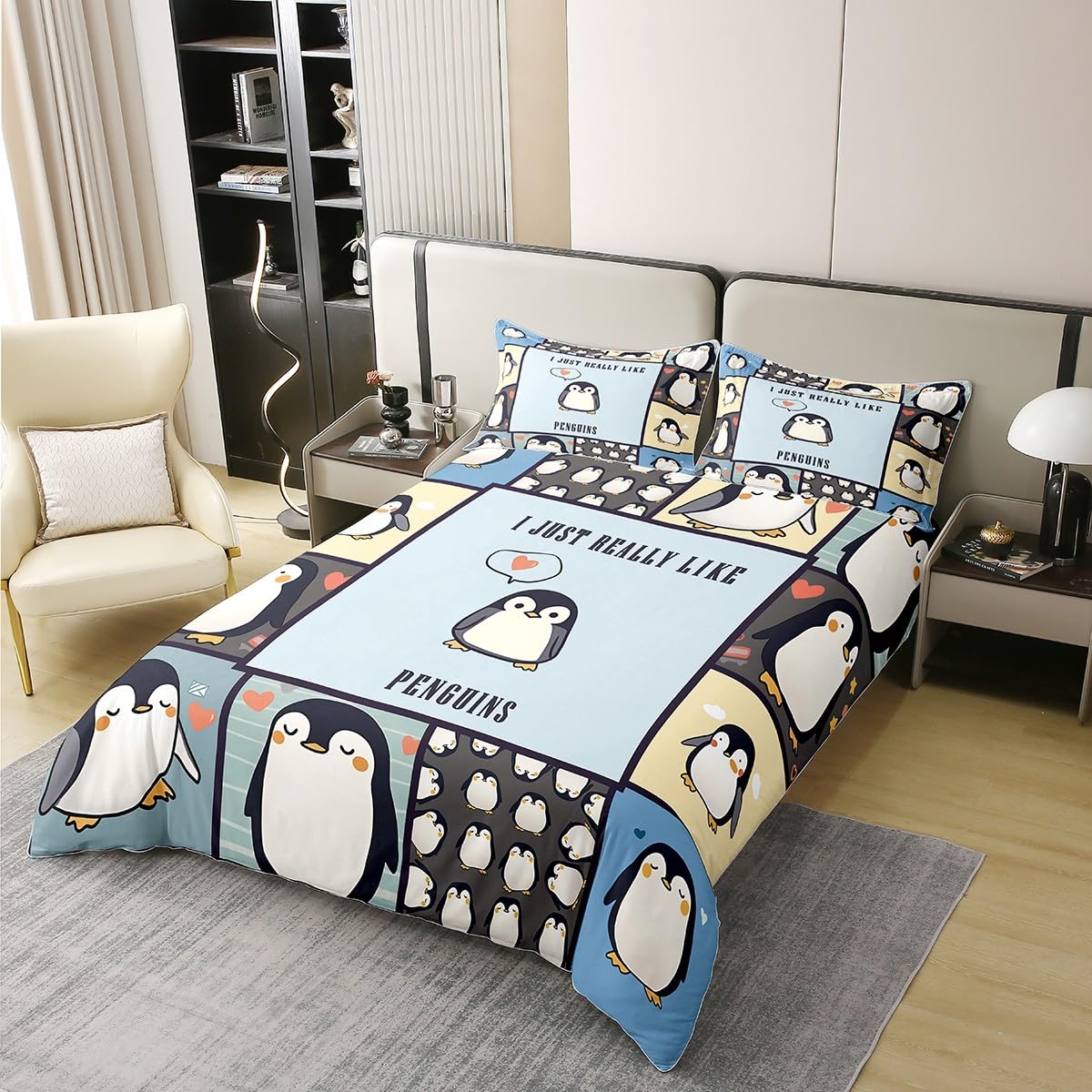 Homewish Penguin King Zestawy Poszwa Na Kołdrę Miłośnicy Pingwina Pościel Urocza Kreskówka Patch Pingwiny Poszewka Na Kołdrę Kawaii Urodziny Boże Narodzenie Zestaw Łóżek