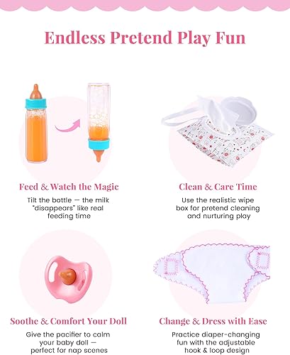 Miniatura 5 de BABESIDE Juego de 8 piezas de accesorios para muñecas con bolsa de pañales, juego de simulación, incluye cambiador, botellas mágicas, chupete,