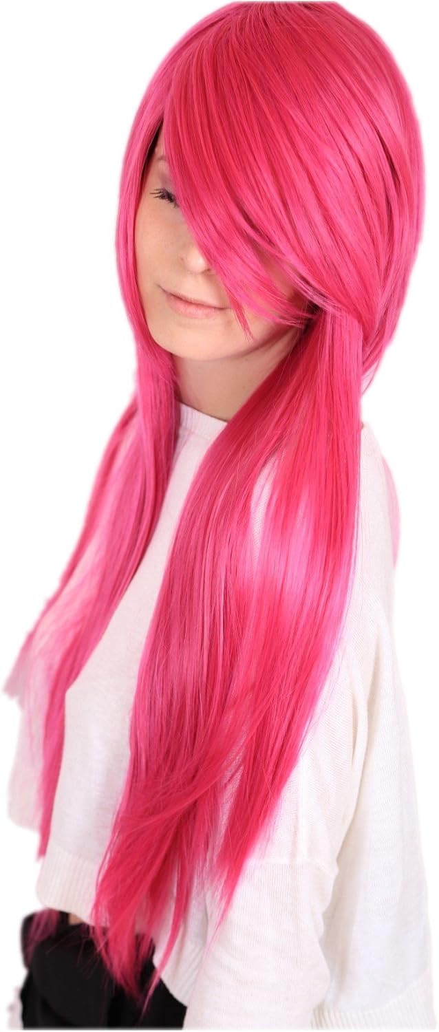 Prettyland C116 - Long Women Wig Straight Silky Layered Hair 80 Cm Long with Bangs - Hot Pink - Image 3