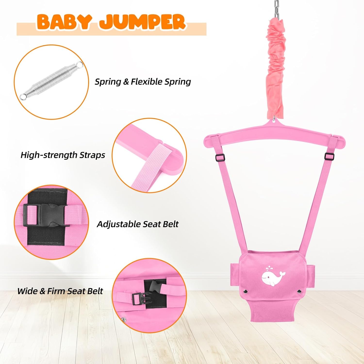 Baby Jumper with Water Mat, Toddler Jumper with Stand for Girls Boys, Infants Jumpers and Bouncers, Indoor & Outdoor Baby Exerciser for Active Babies, Easy to Assemble & Store (Blue Pink)